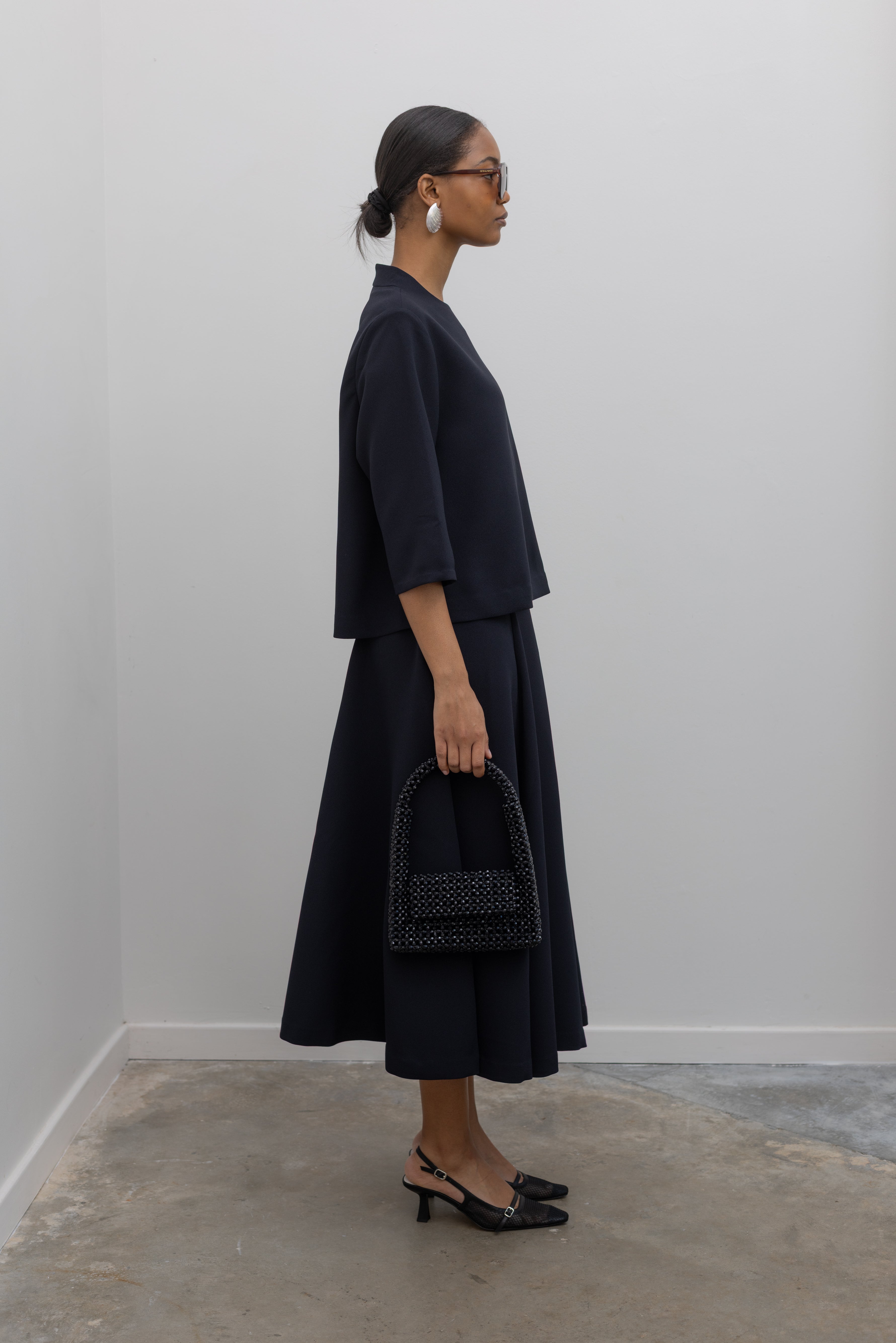 Dark Blue Marya High Collar A-line Top