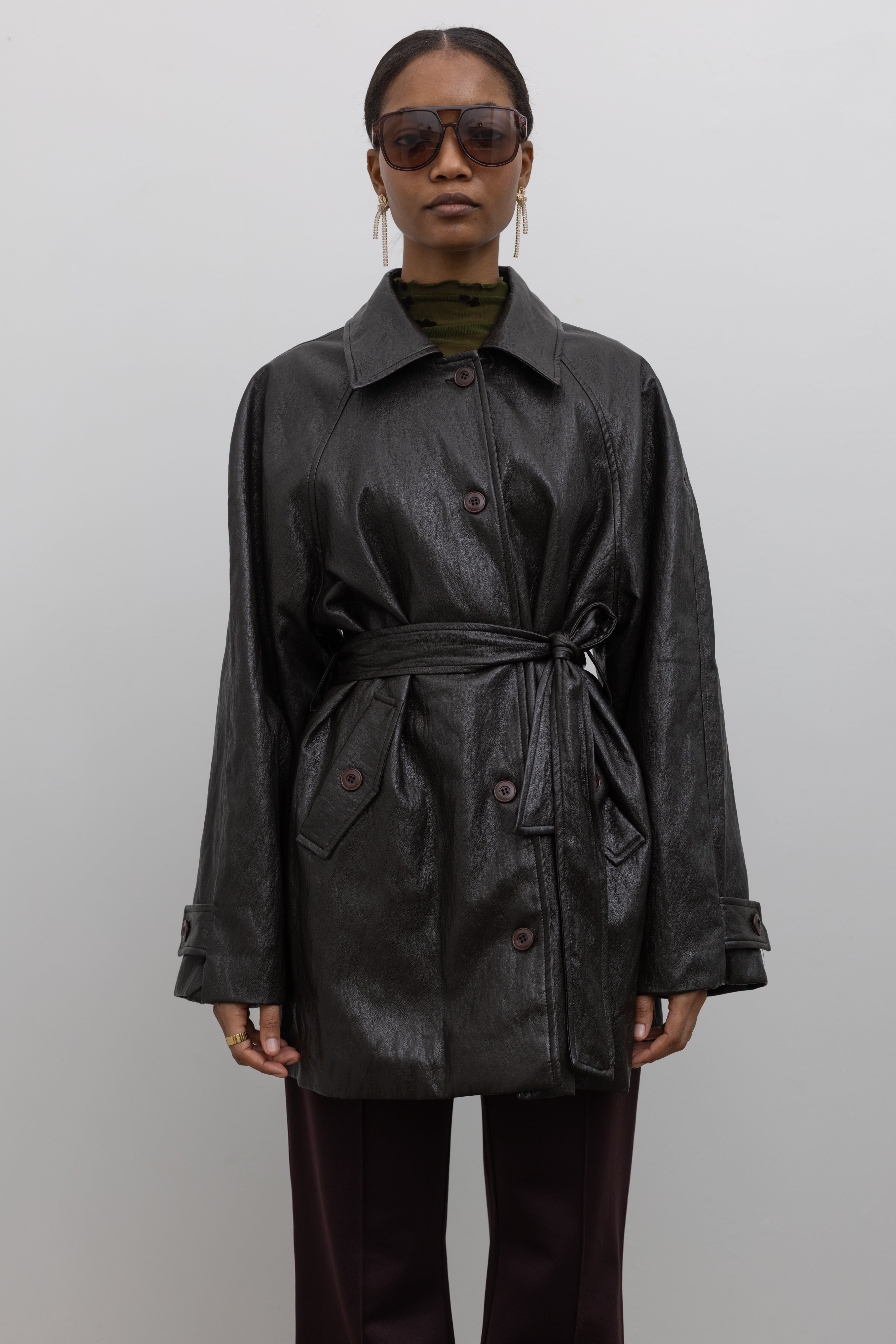 Dark Brown Long Belted Vegan Leather Jacket