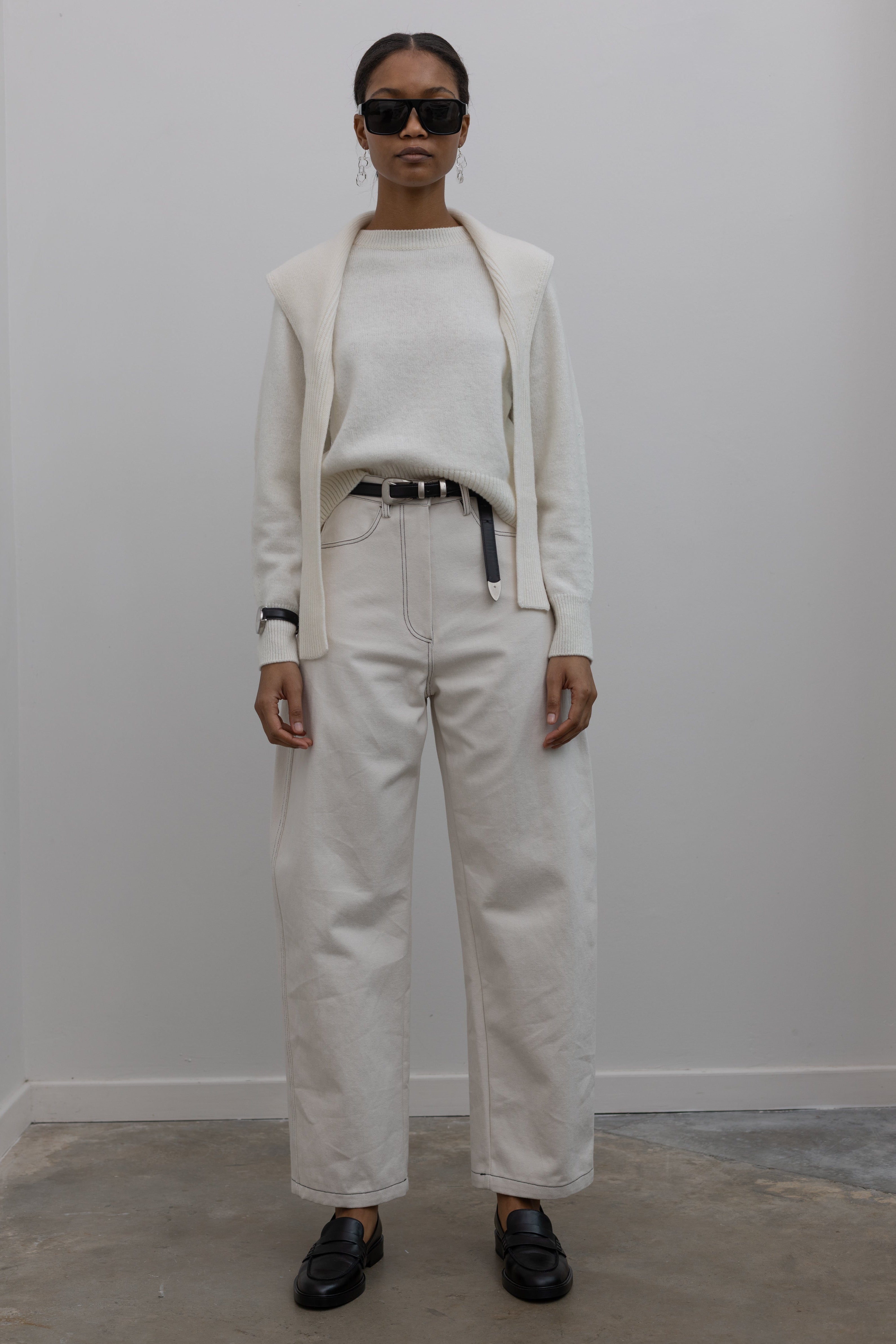 Cream Curved Contrast Stitch Pants