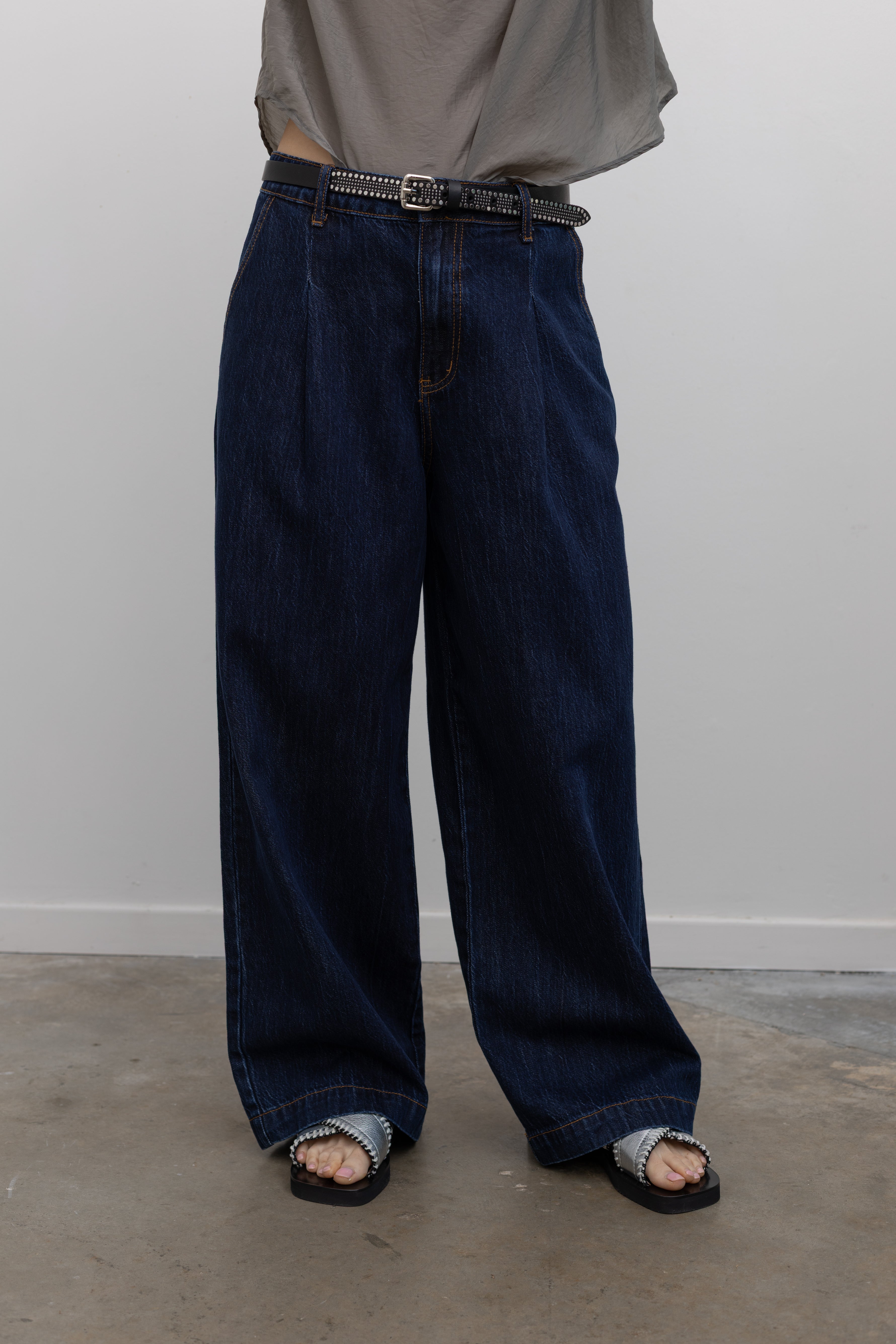 Indigo Denim Wide Leg Pleated Jeans
