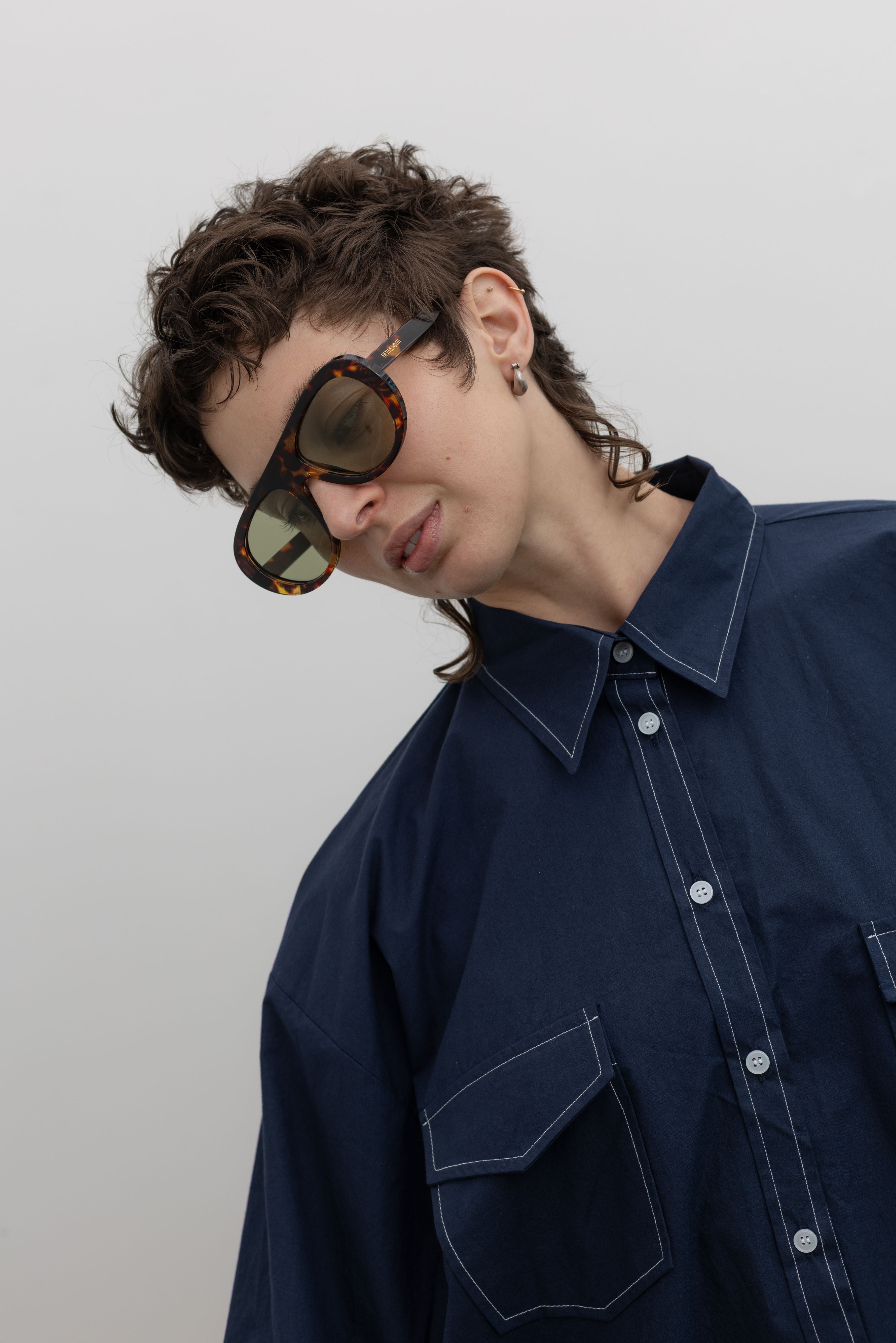 Navy Contrast Stitch Oversized Button Down