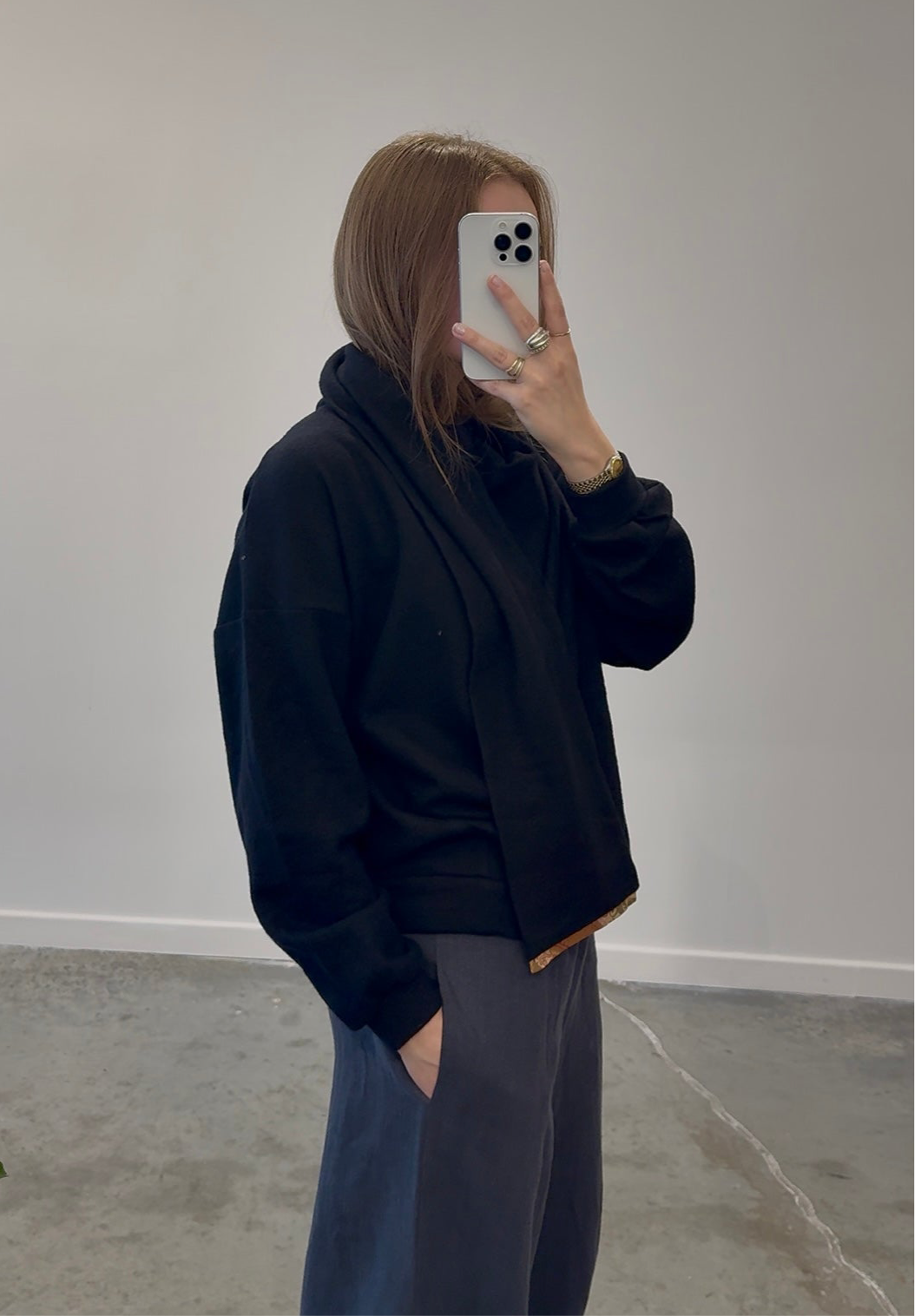 Black Wool Shawl Neck Crewneck Sweater