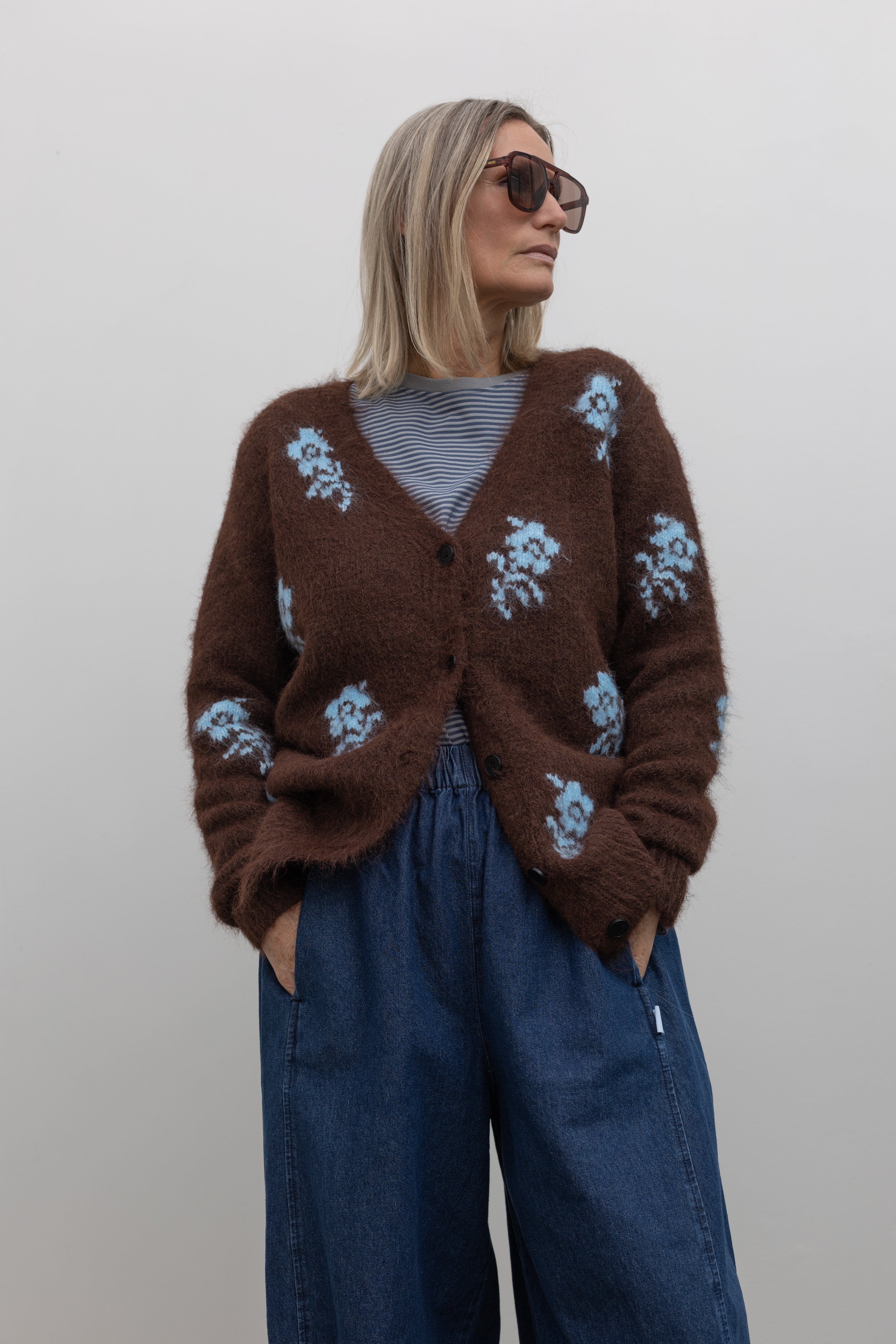Dark Brown Floral Knit Cardigan