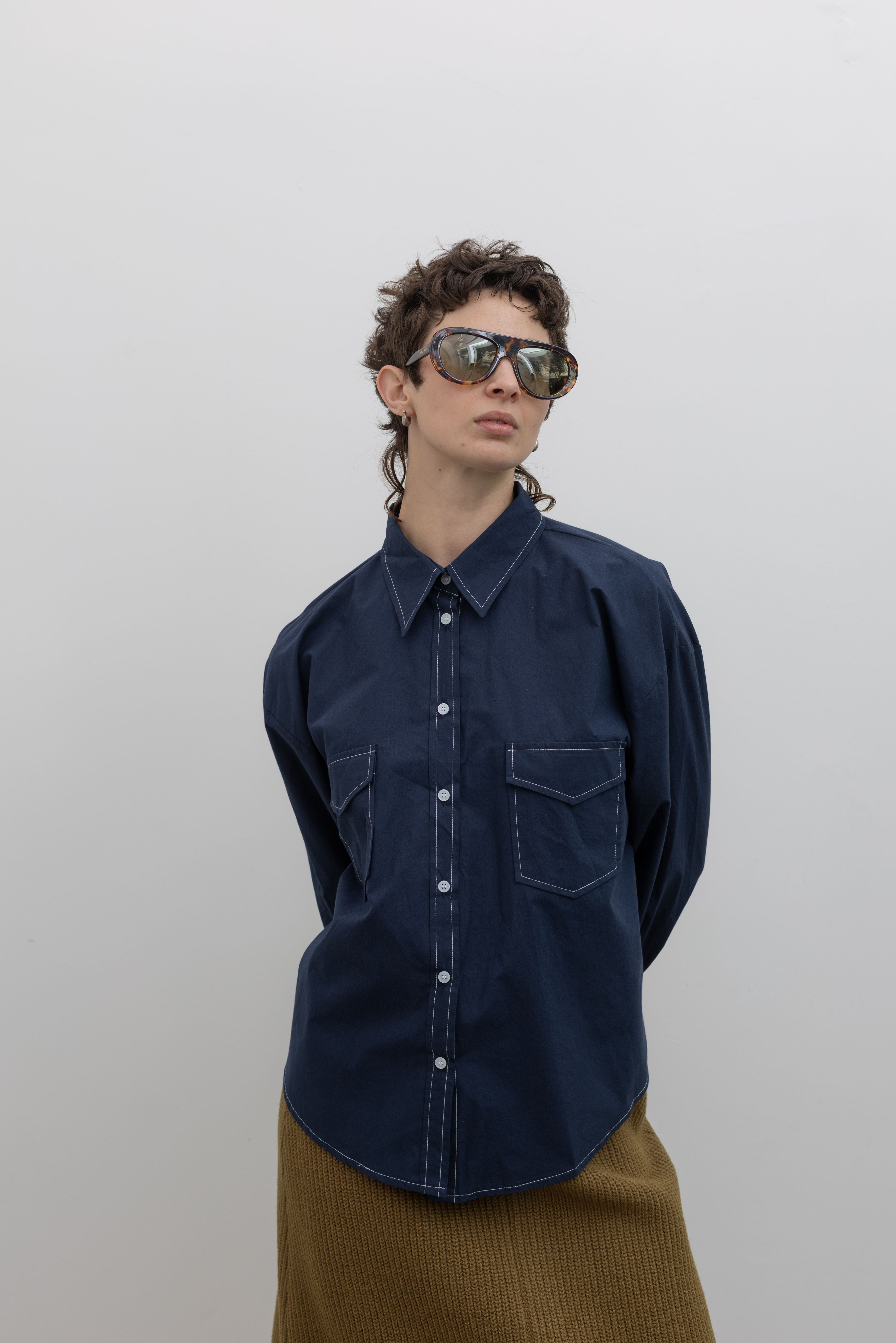 Navy Contrast Stitch Oversized Button Down