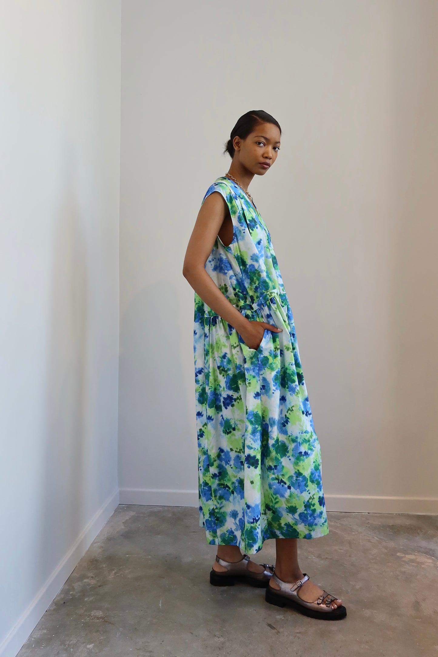 Green And Blue Marigold Cotton Print Midi Dress