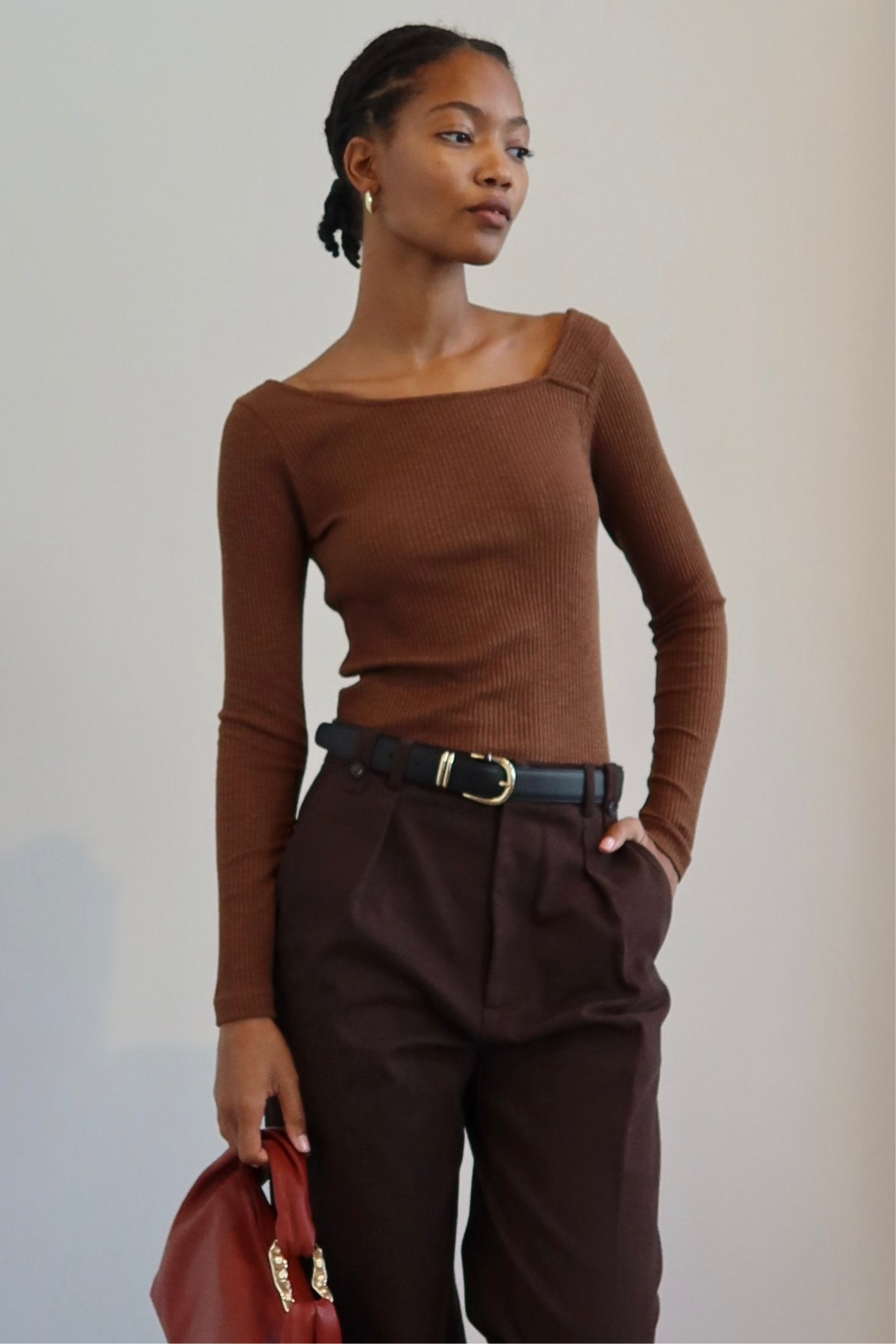 Brown Ribbed Asymmetrical Cotton Shirt