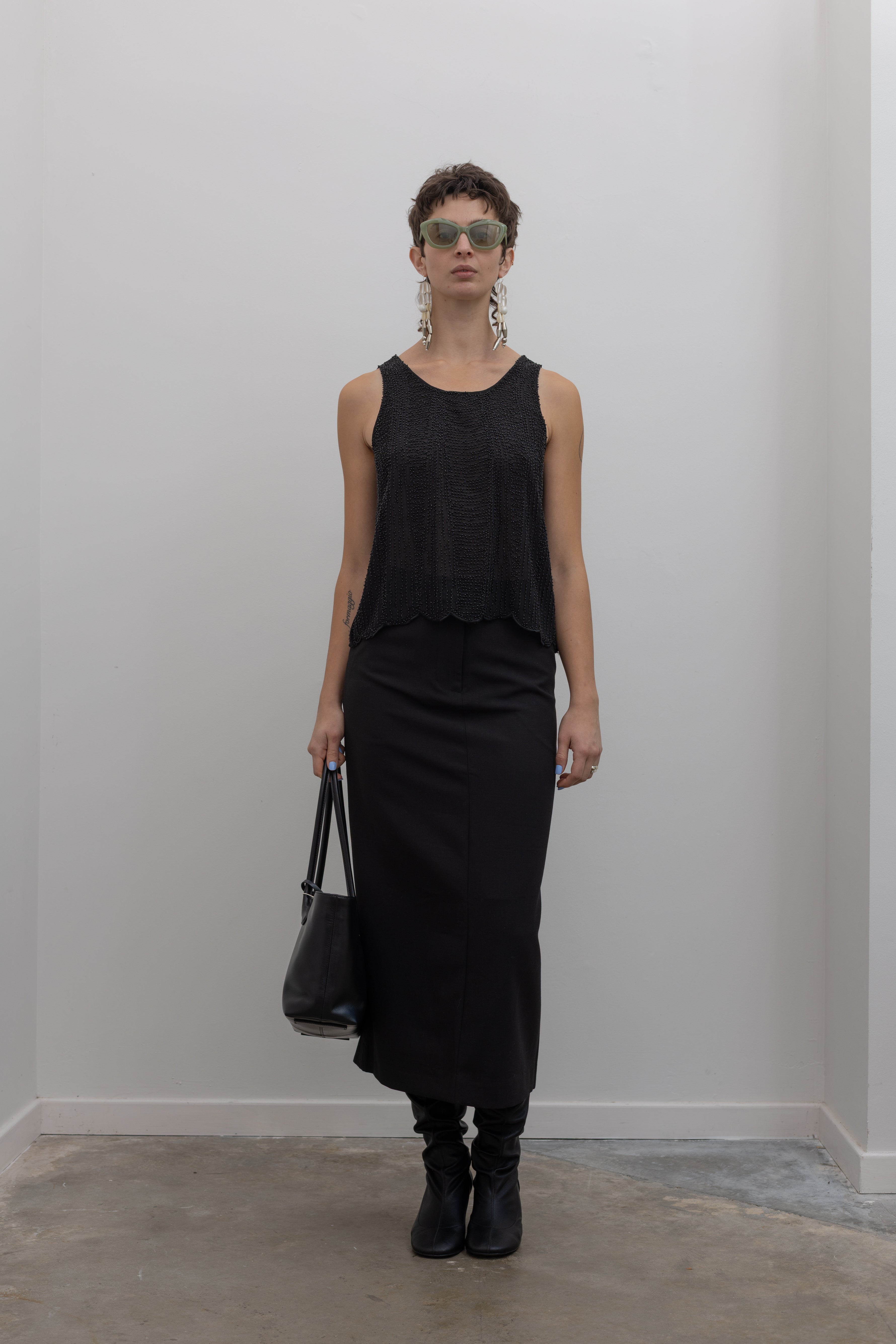 Black Beaded Scallop Hem Top