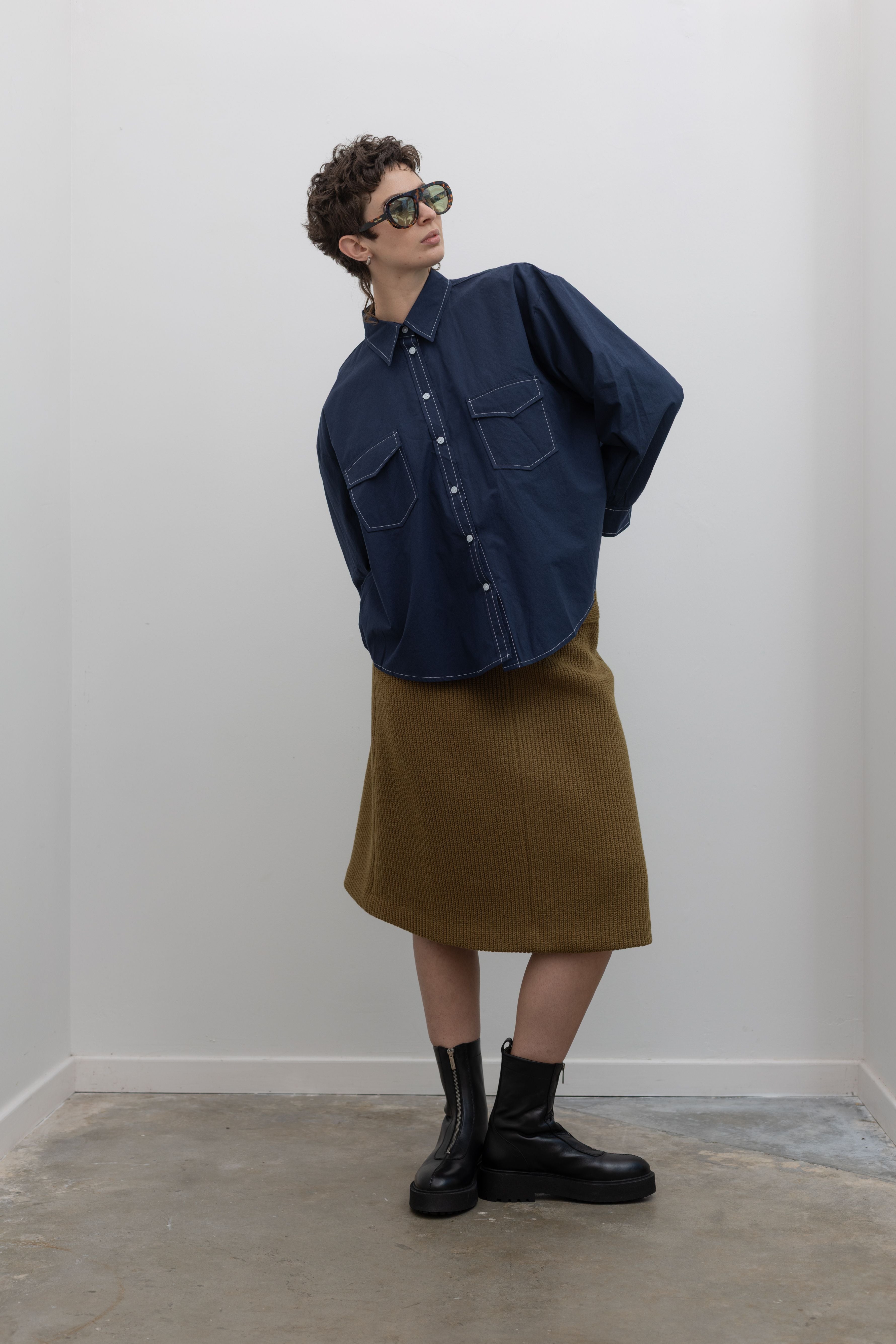 Navy Contrast Stitch Oversized Button Down