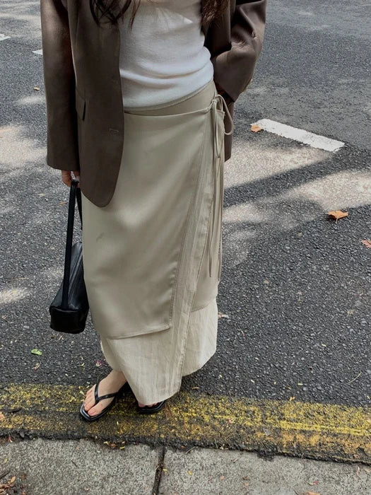 Beige Silky Layered Midi Wrap Skirt