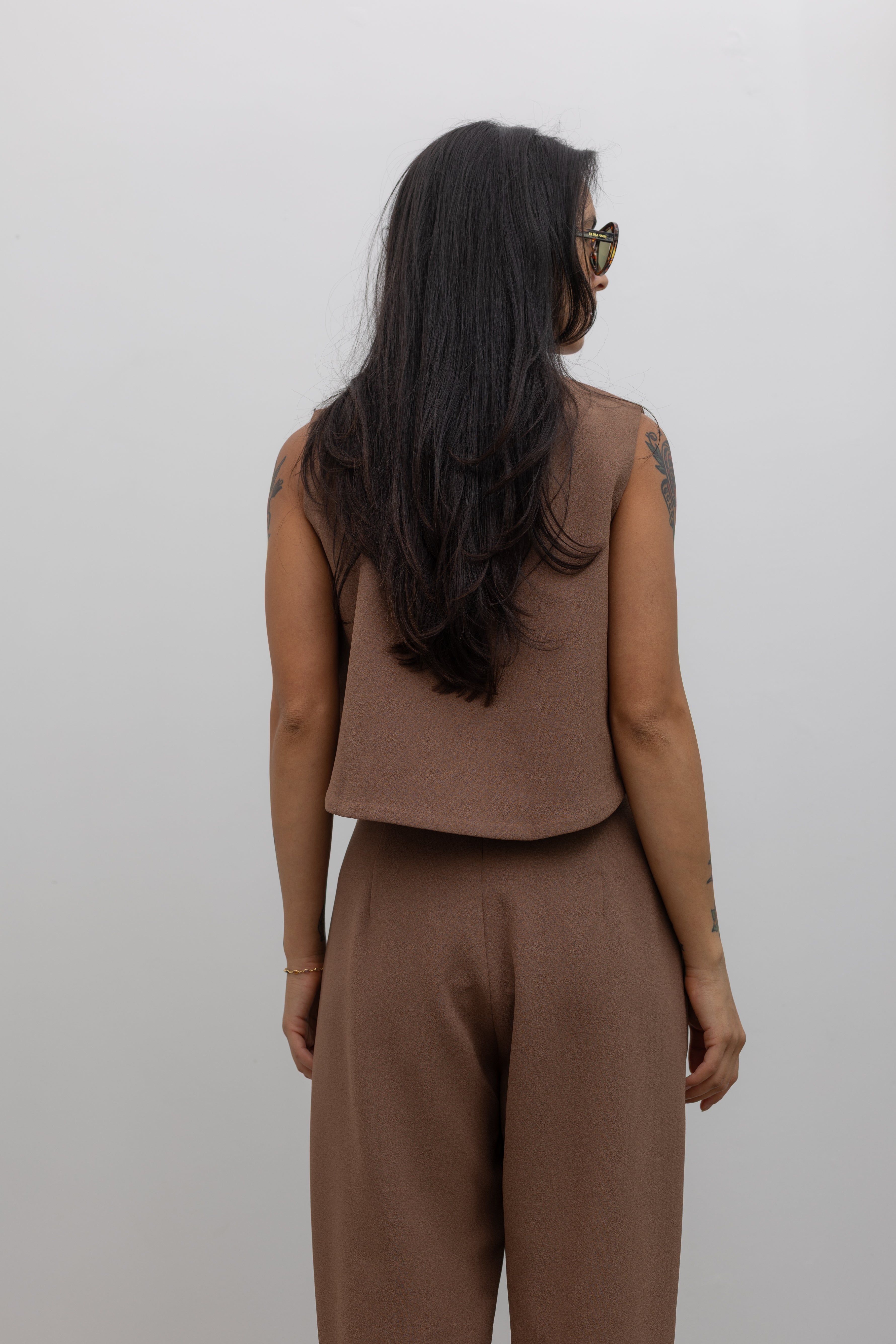 Cacao Brown Raised Collar Wind Chime Cropped Top