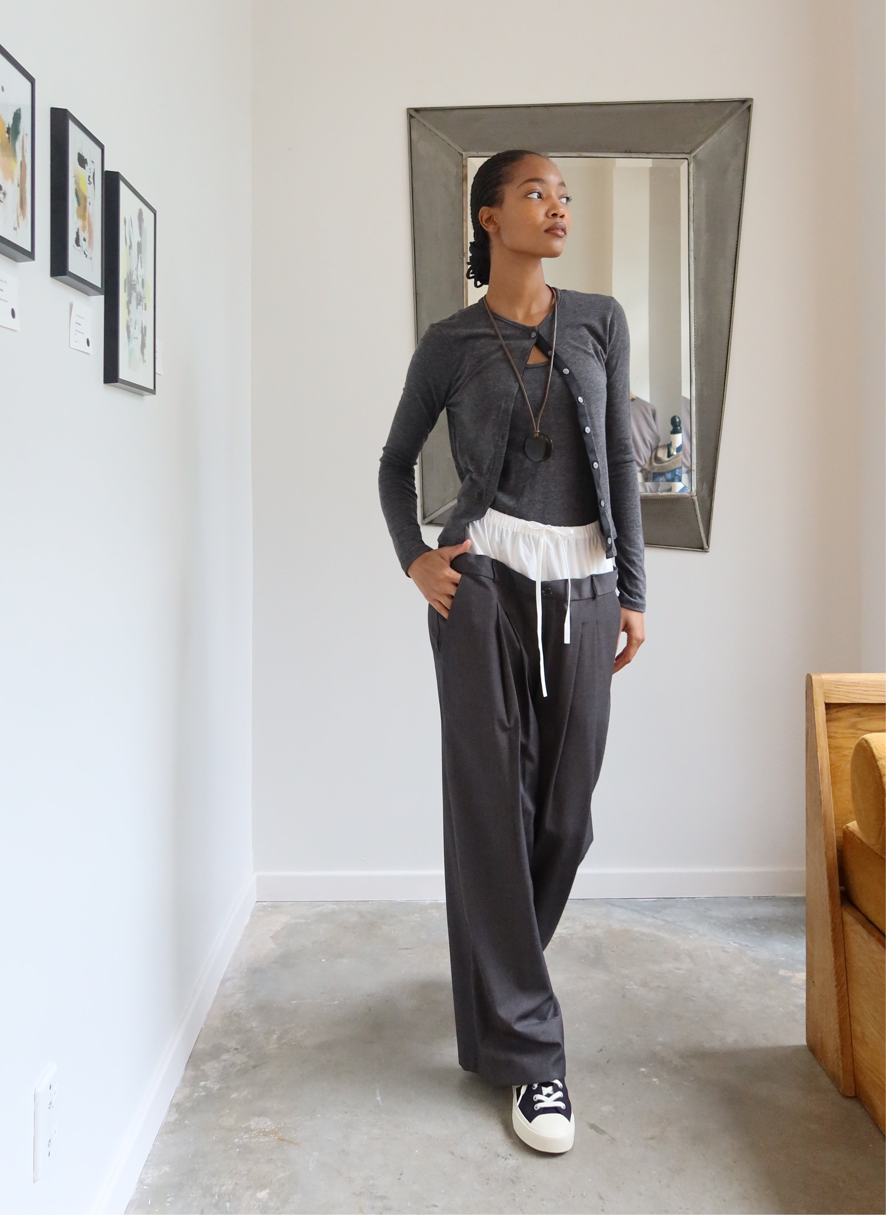 Two Piece Charcoal Asymmetrical Side Button Cardigan