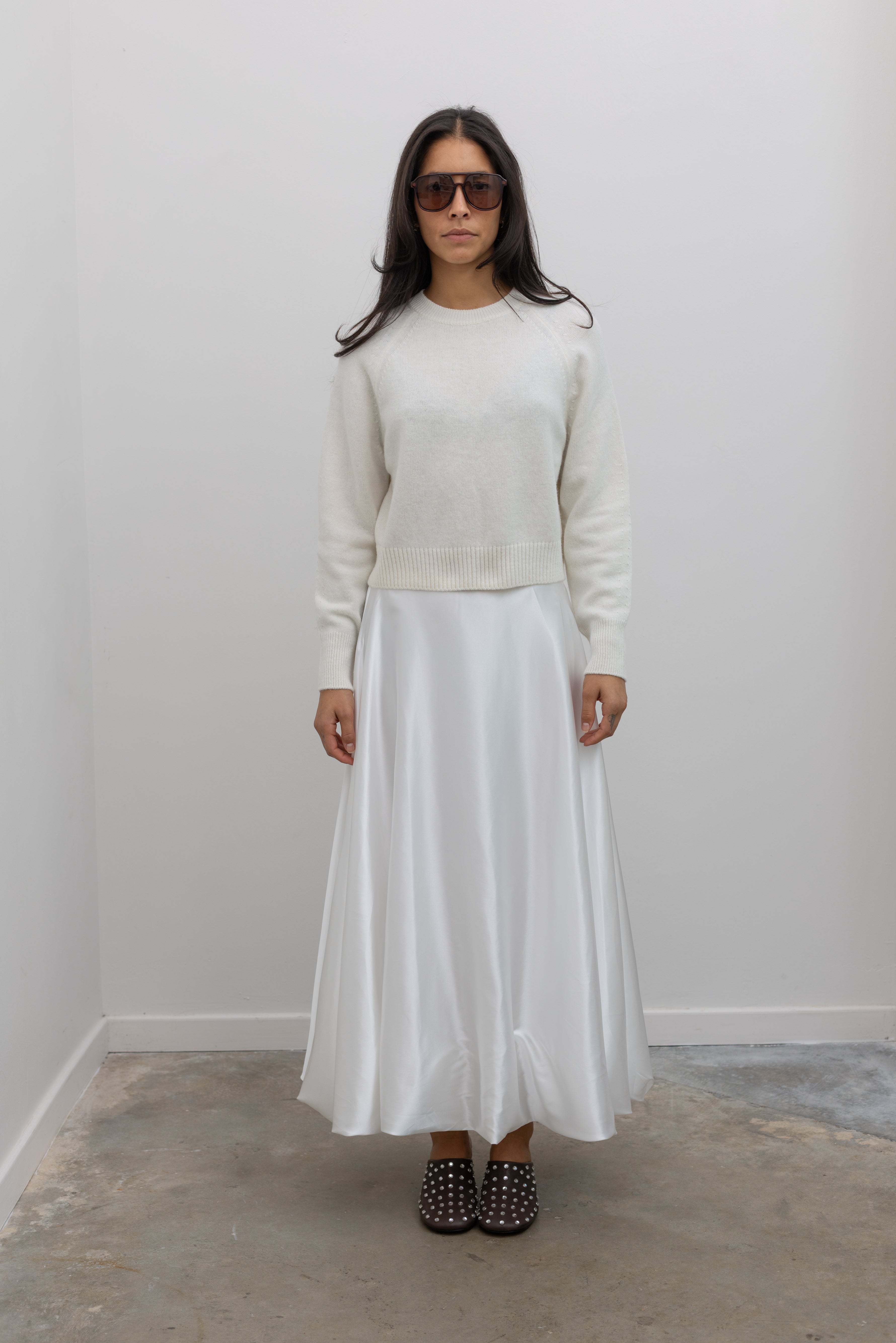 White Satin Full Round Bubble Hem Midi Skirt