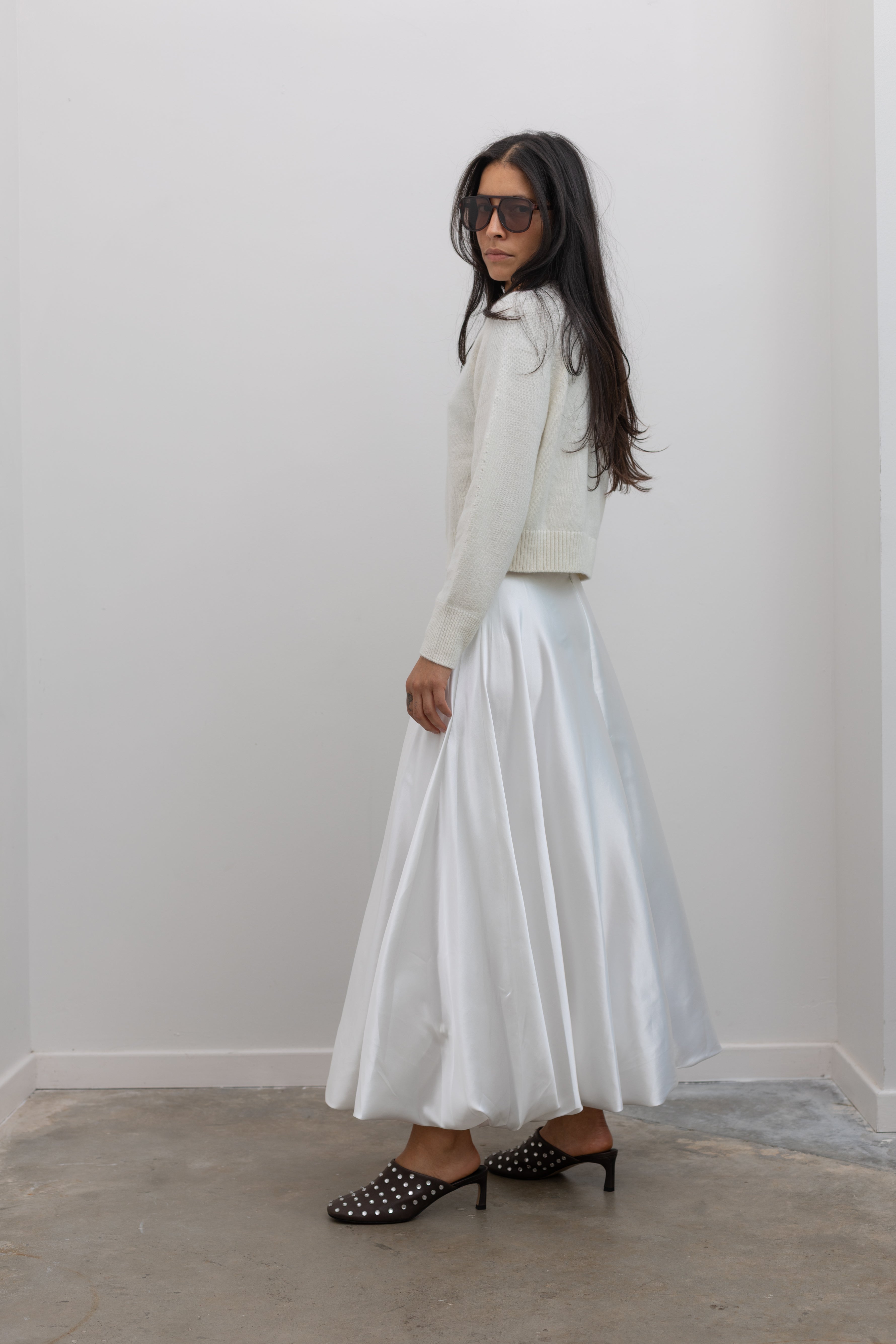White Satin Full Round Bubble Hem Midi Skirt