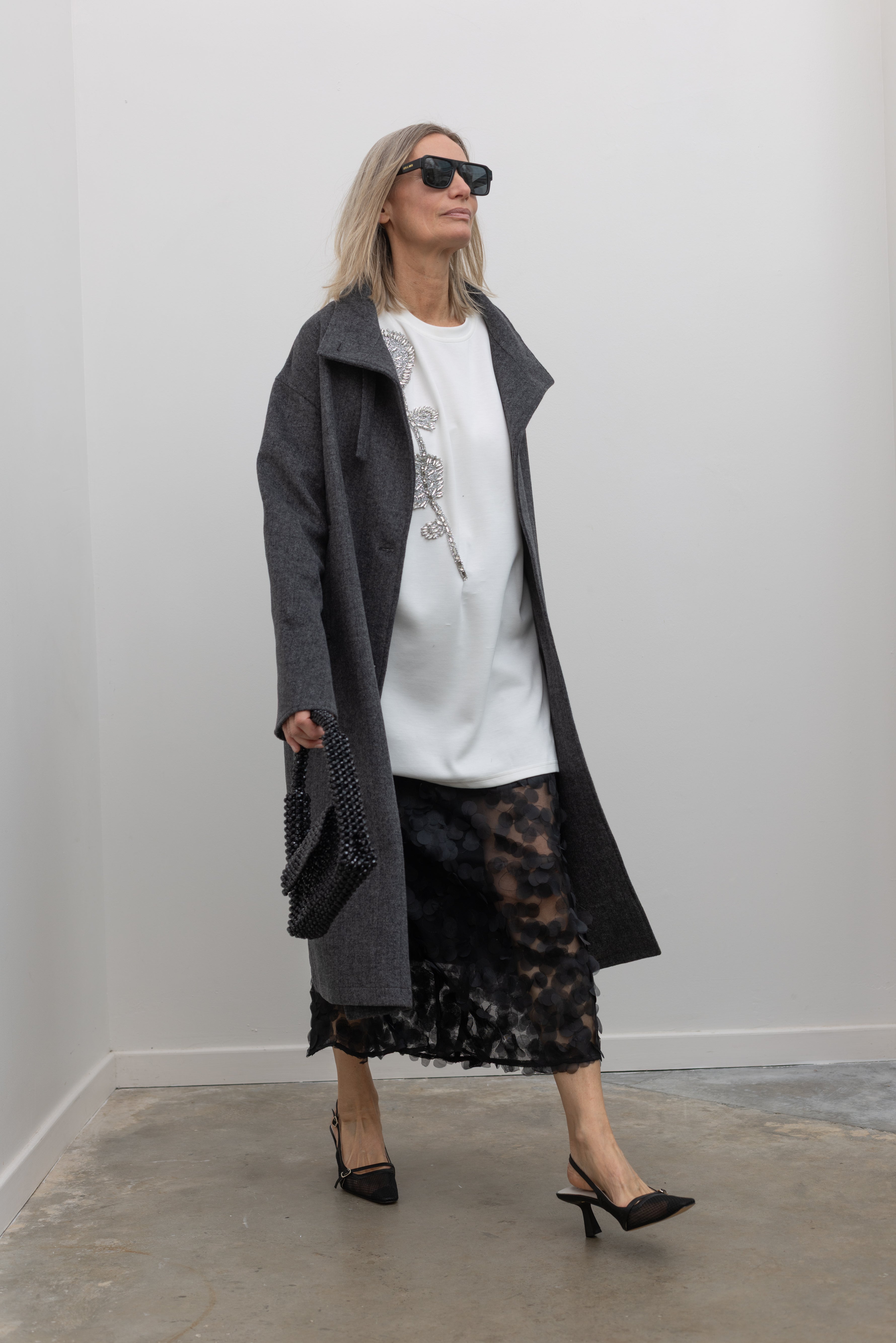 White Beaded Flower Embellished Long Top