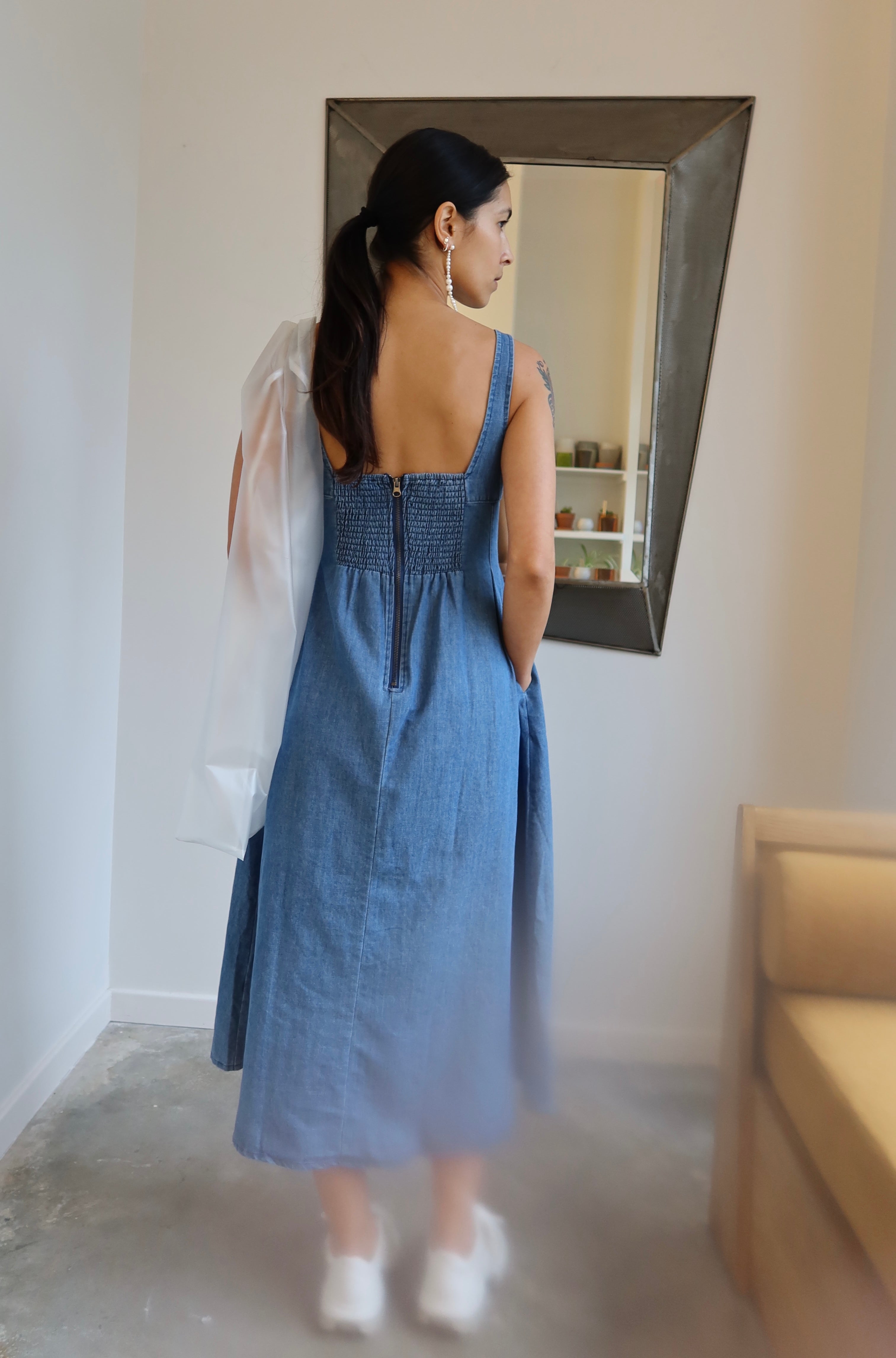 Denim Square Neck Midi Smocked Back Dress