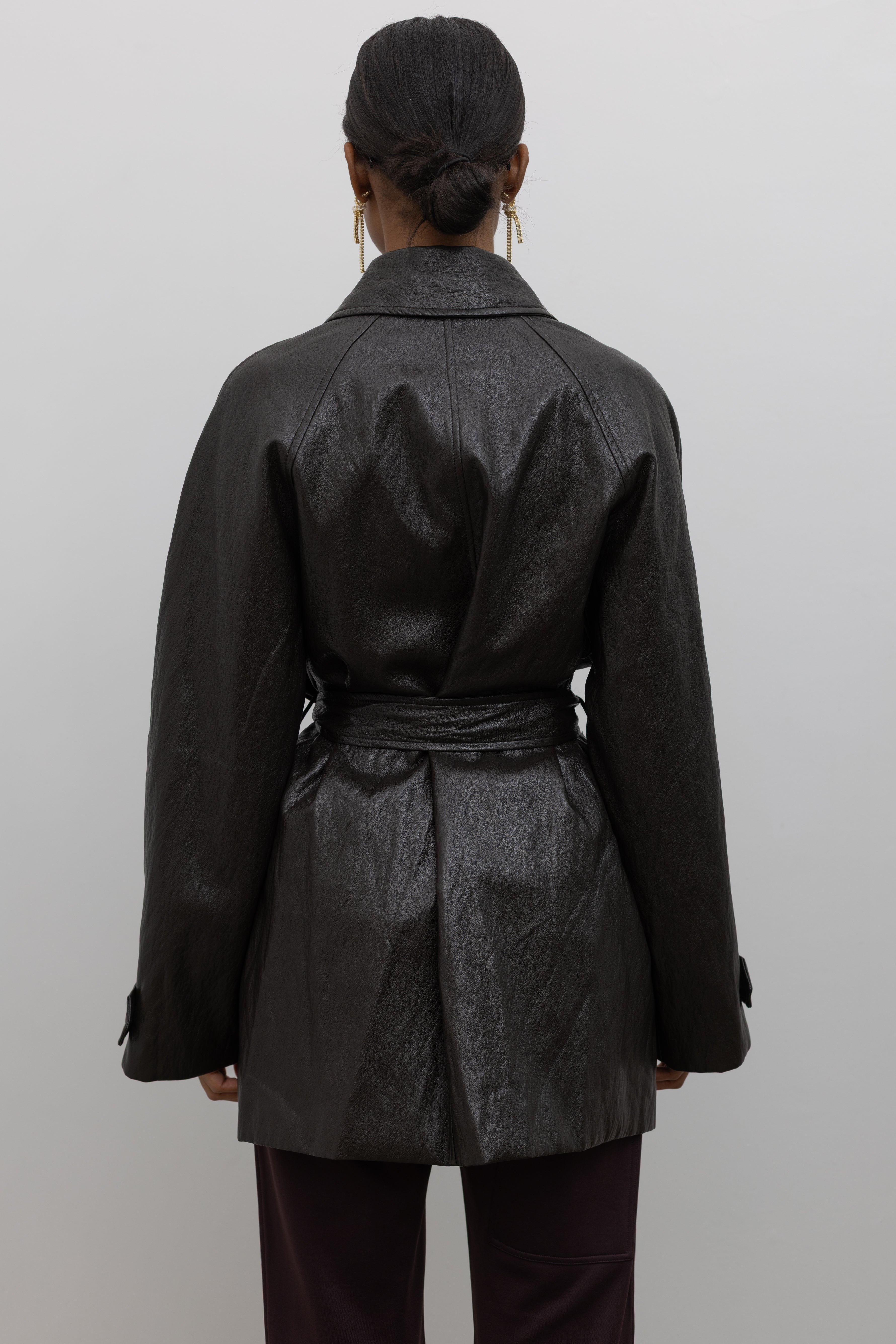 Dark Brown Long Belted Vegan Leather Jacket