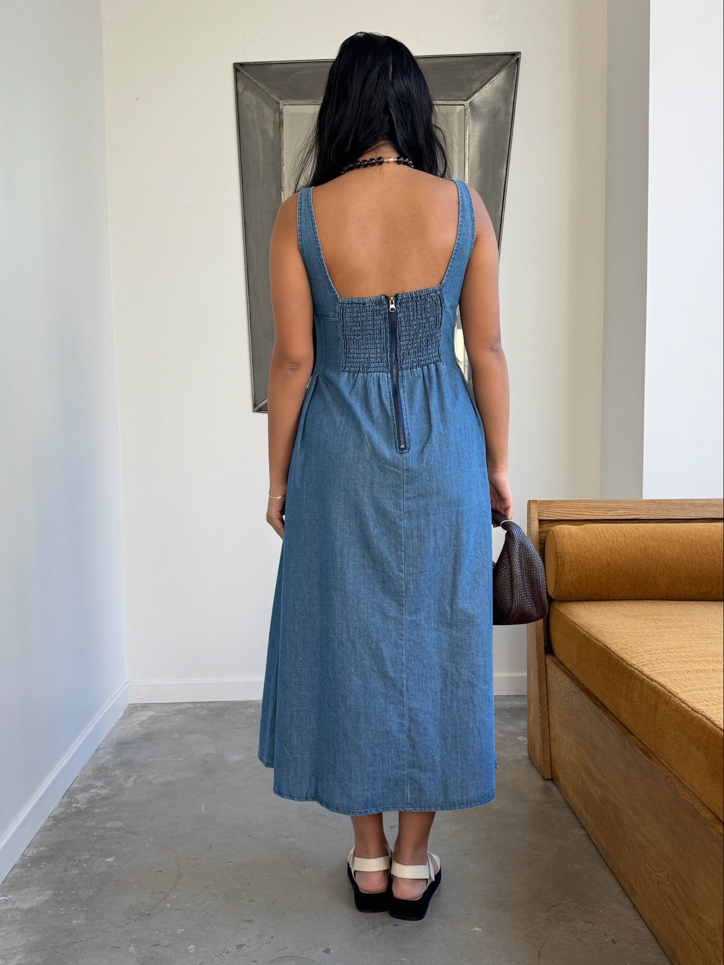 Denim Square Neck Midi Smocked Back Dress