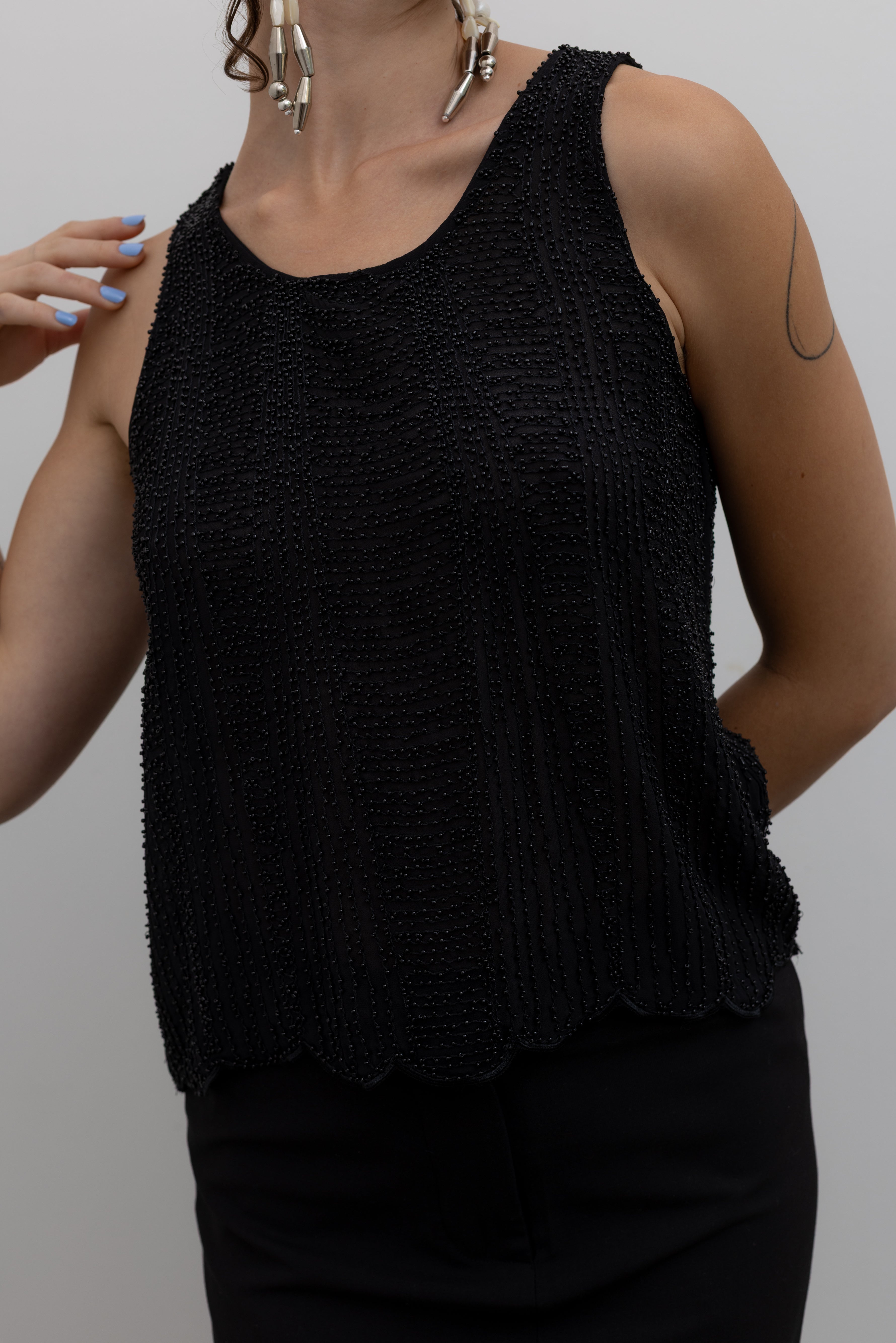 Black Beaded Scallop Hem Top