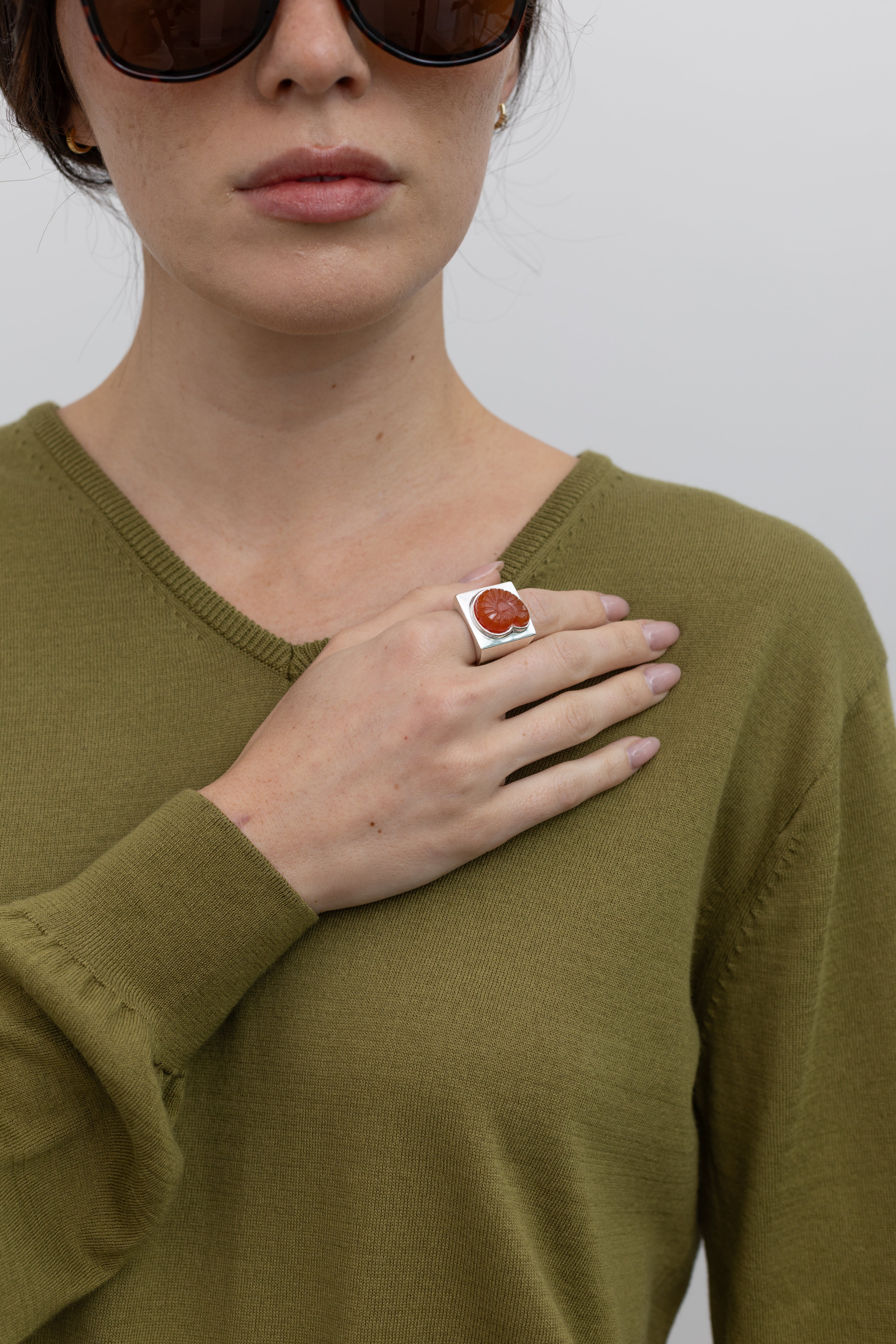 Red Onyx Carved Shell Ring