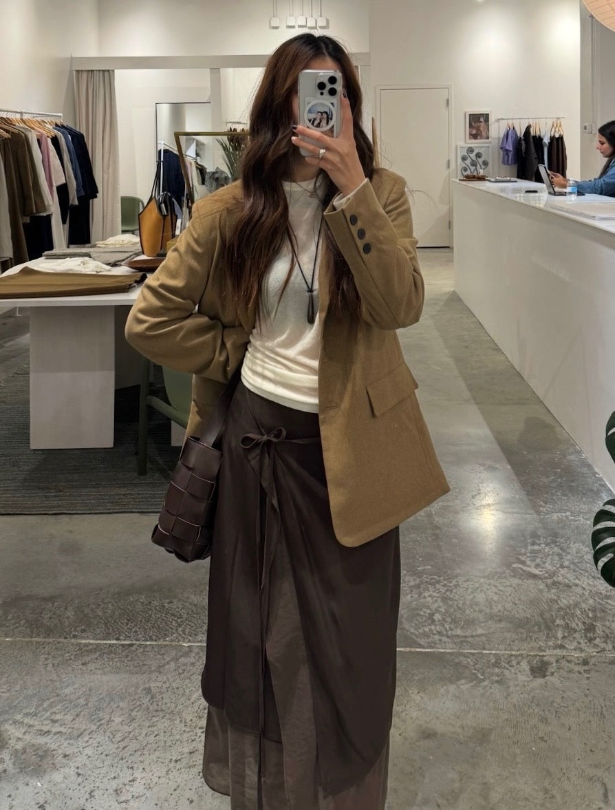 Brown Silky Layered Midi Wrap Skirt