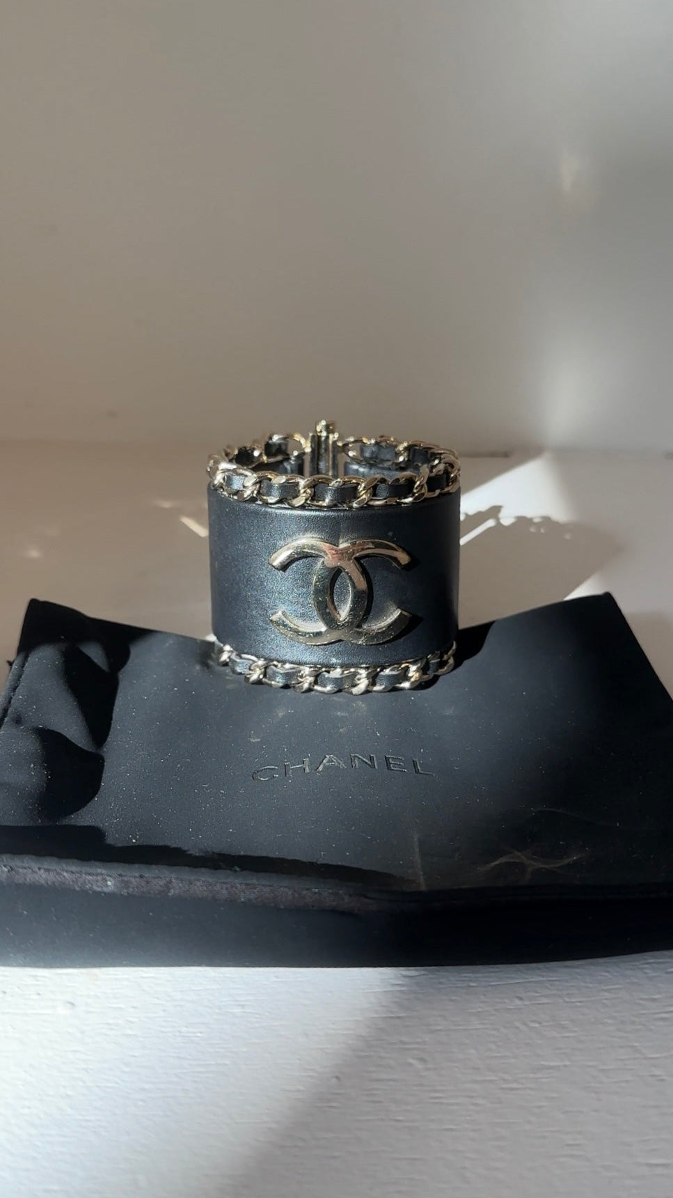 Chanel Black Leather Chain Cuff Bracelet