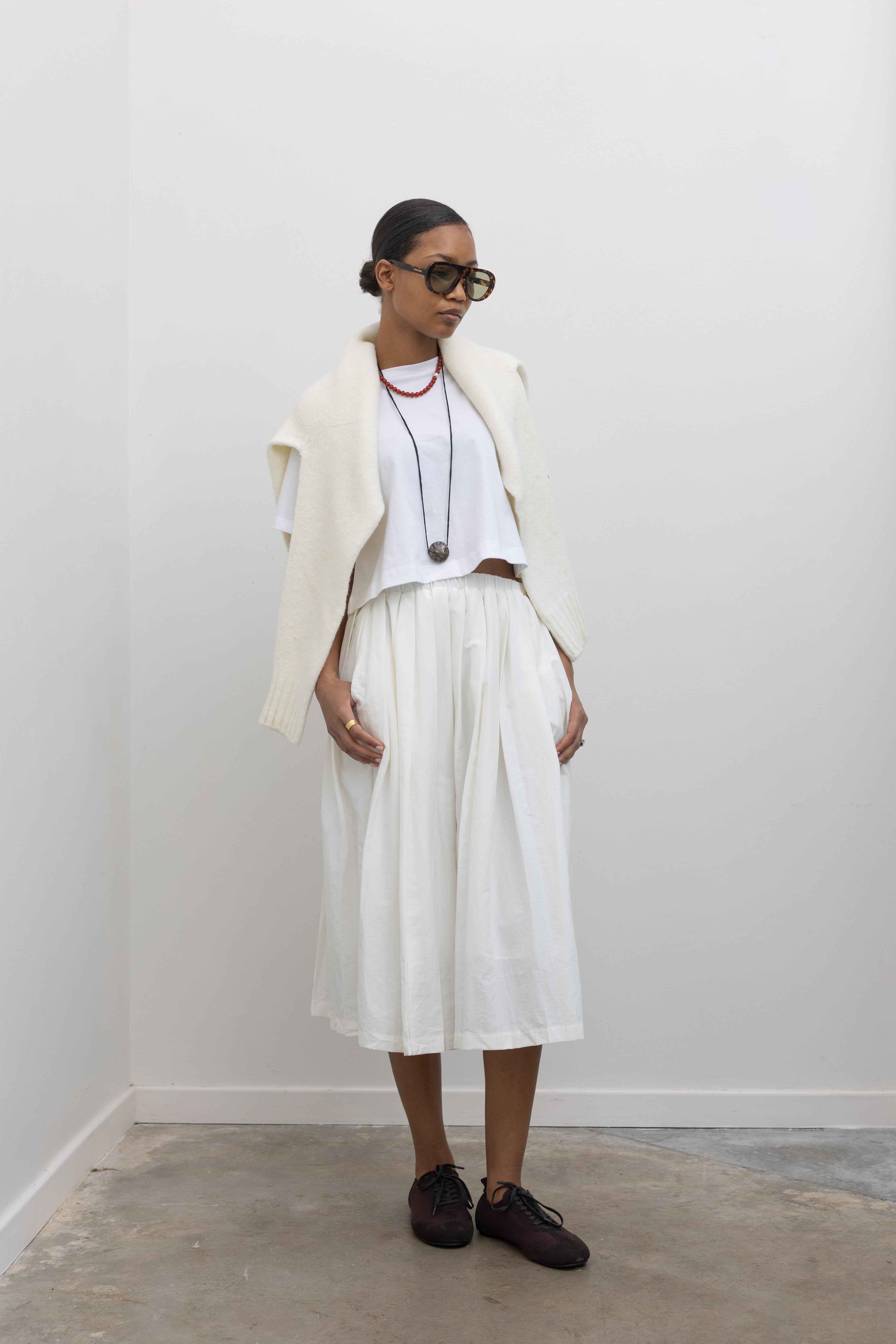 White Nylon Pleated Midi Skirt