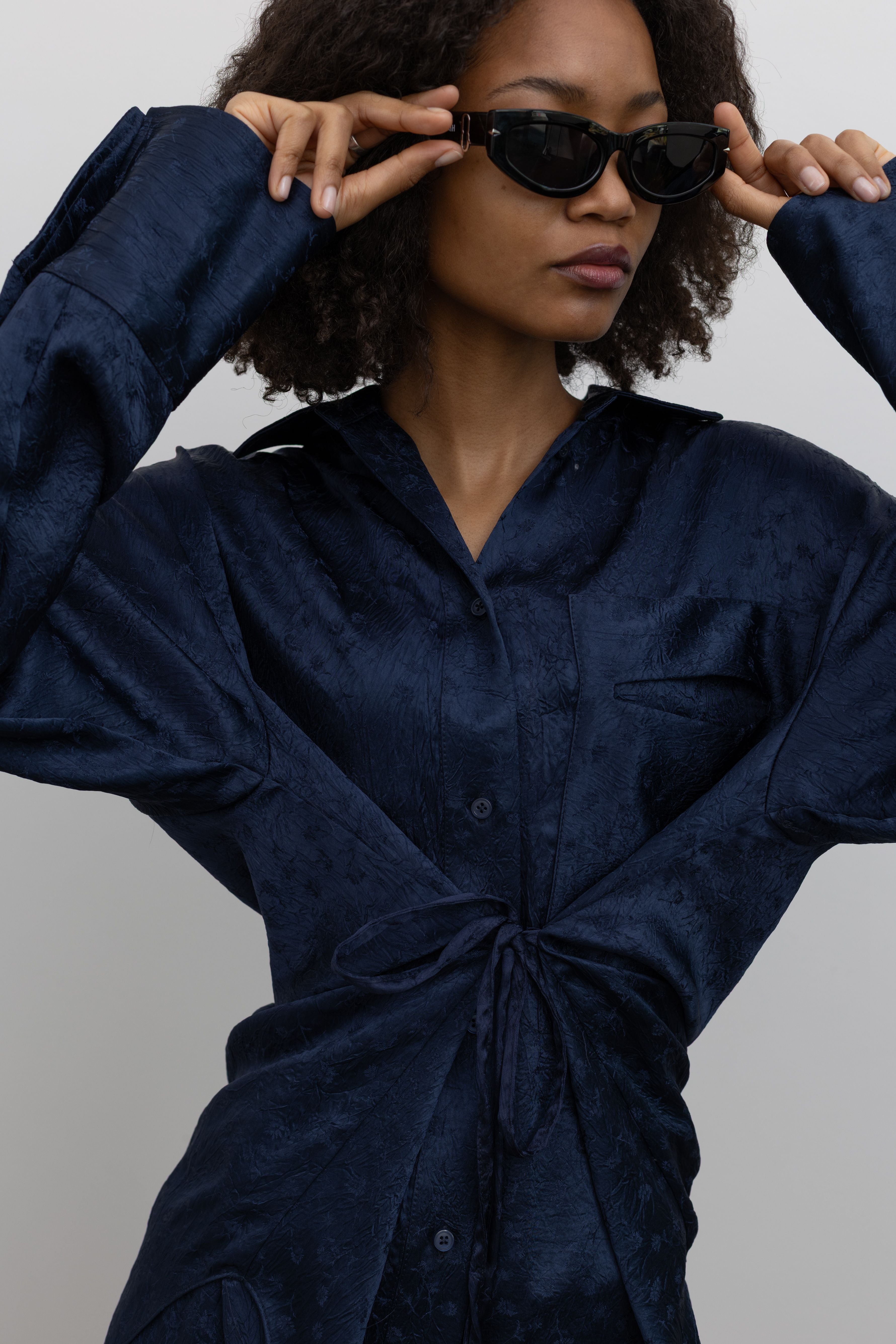 Ink Floral Jacquard Oversized Pocket Shirt with Ties