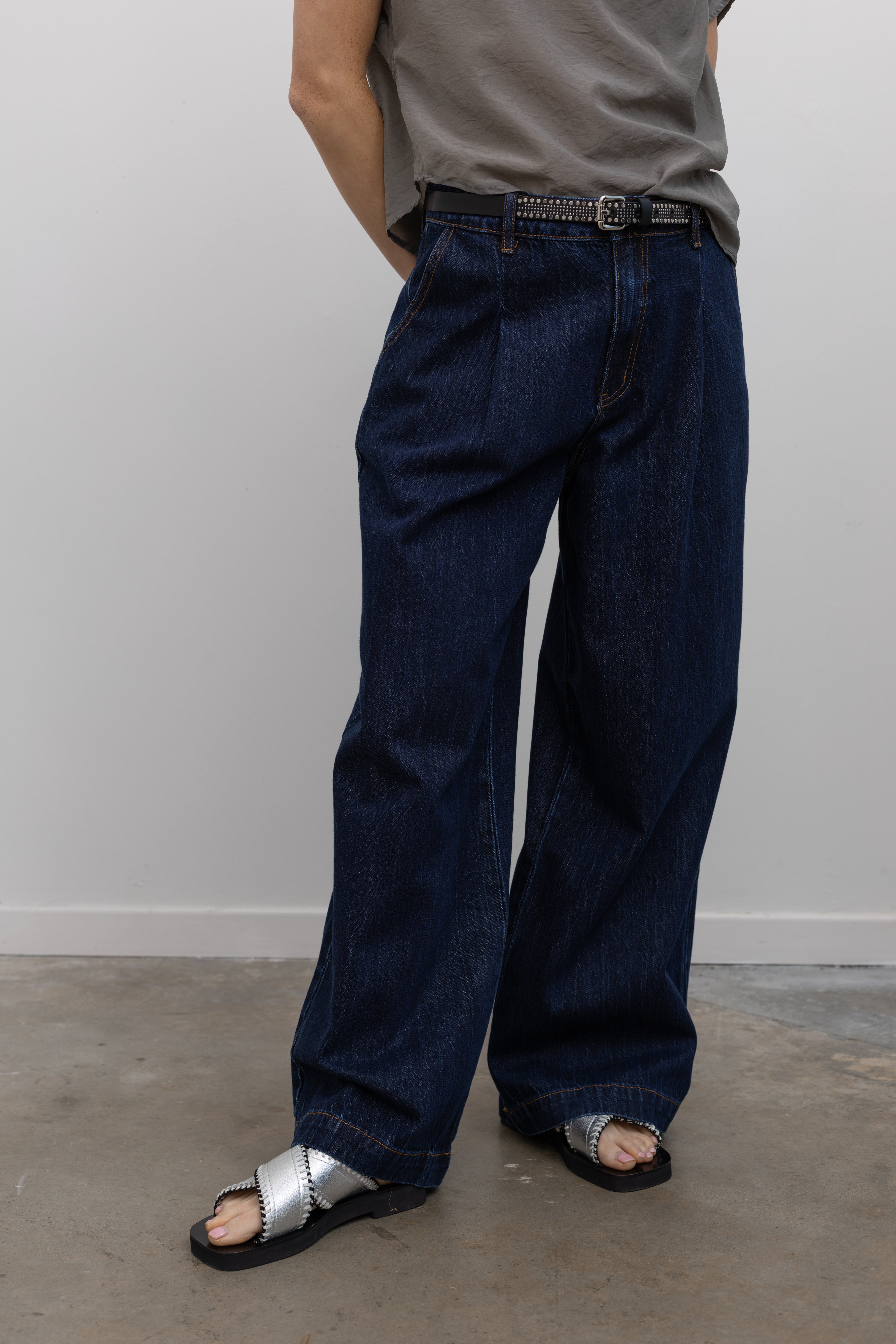 Indigo Denim Wide Leg Pleated Jeans
