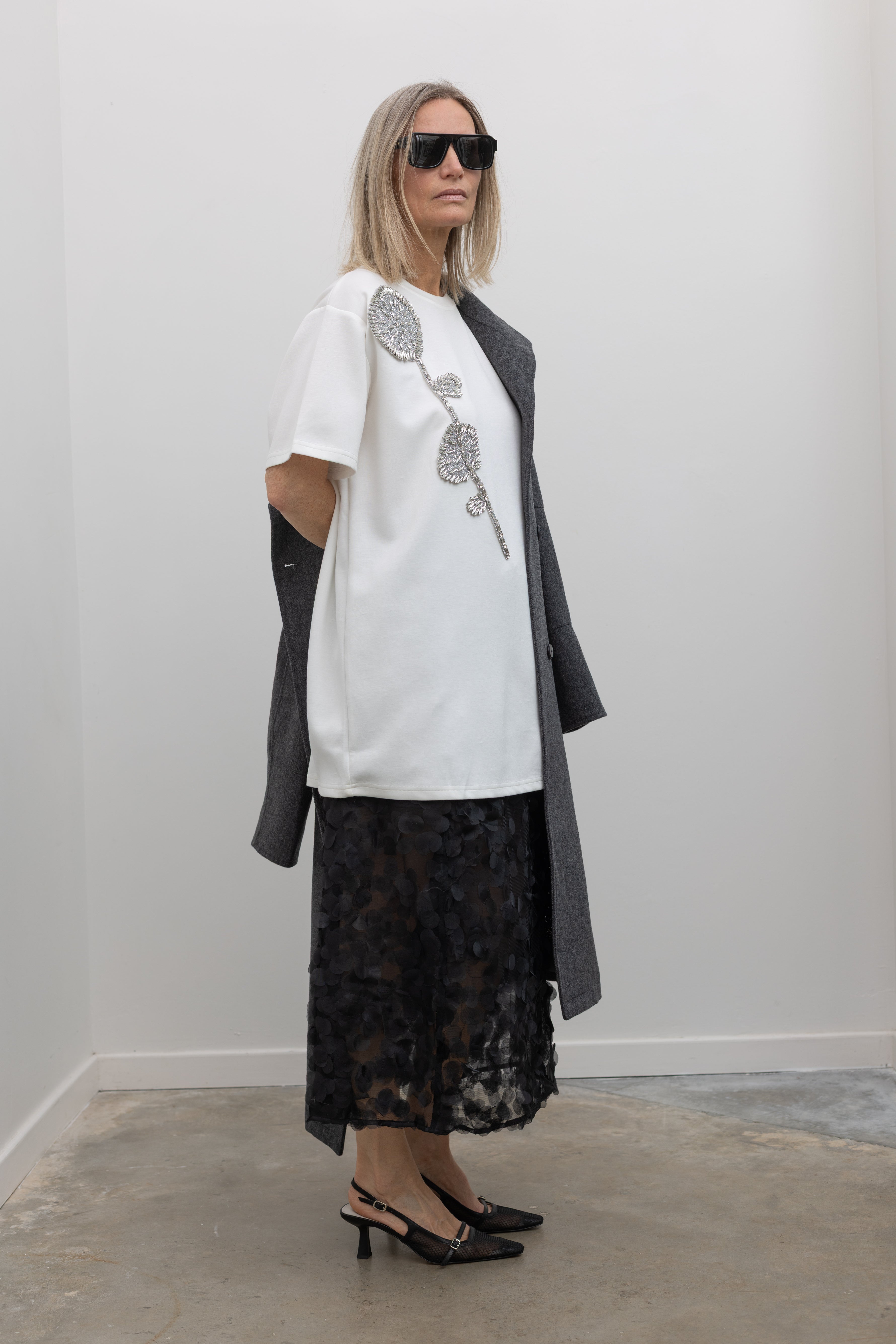 White Beaded Flower Embellished Long Top