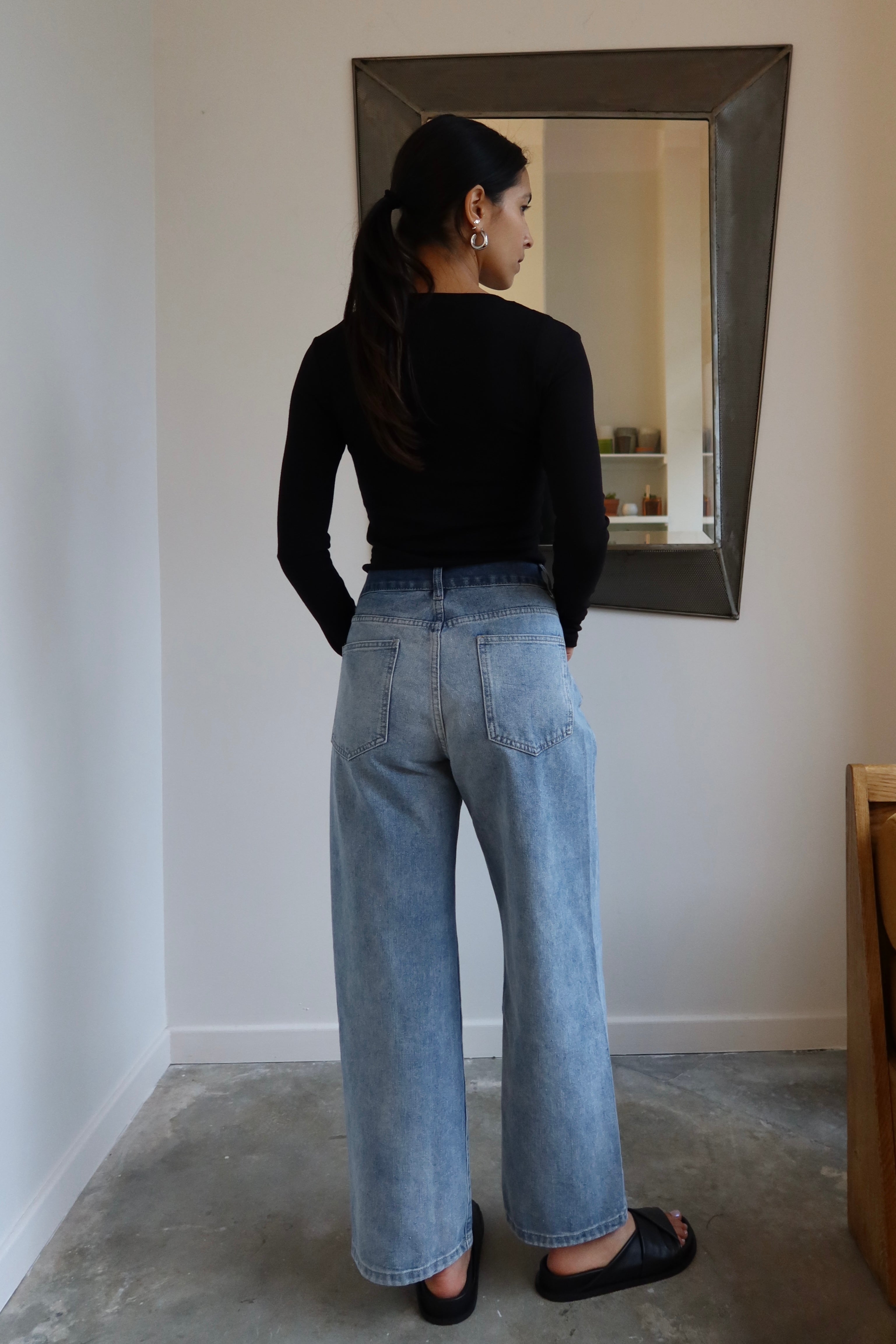 Medium Wash Color Block Button Waist Denim Pants