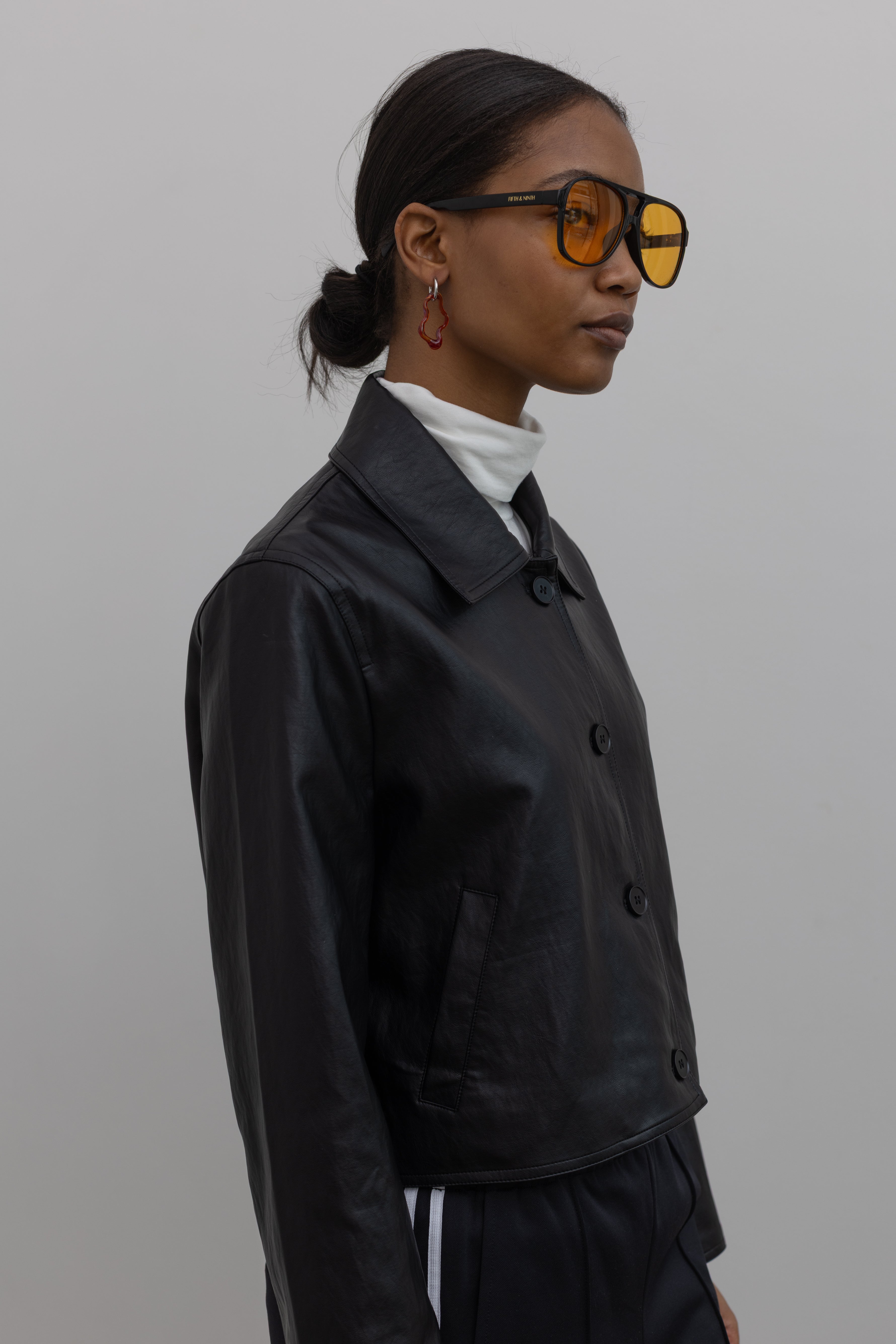 Black Cropped Vegan Leather Collared Jacket