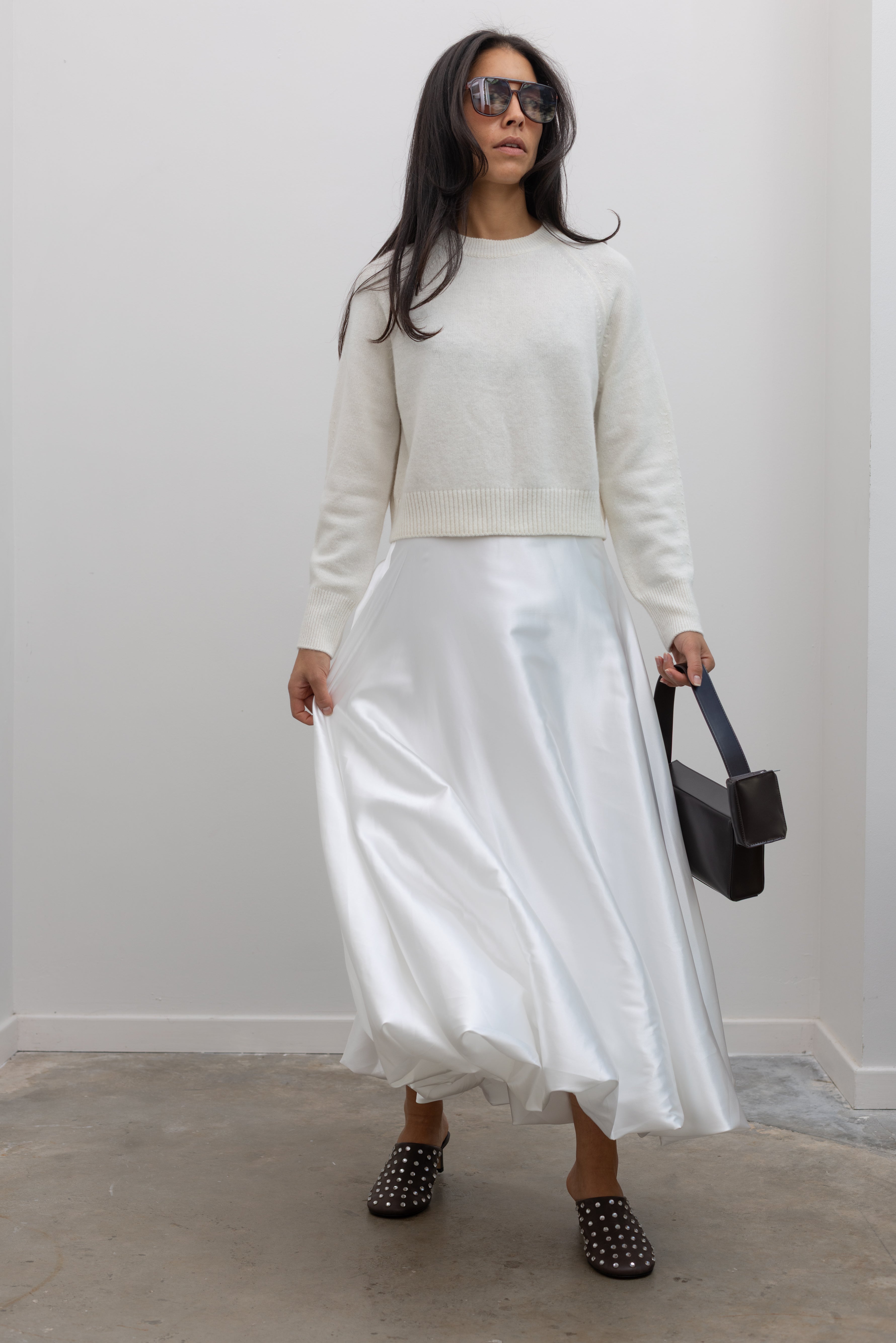White Satin Full Round Bubble Hem Midi Skirt