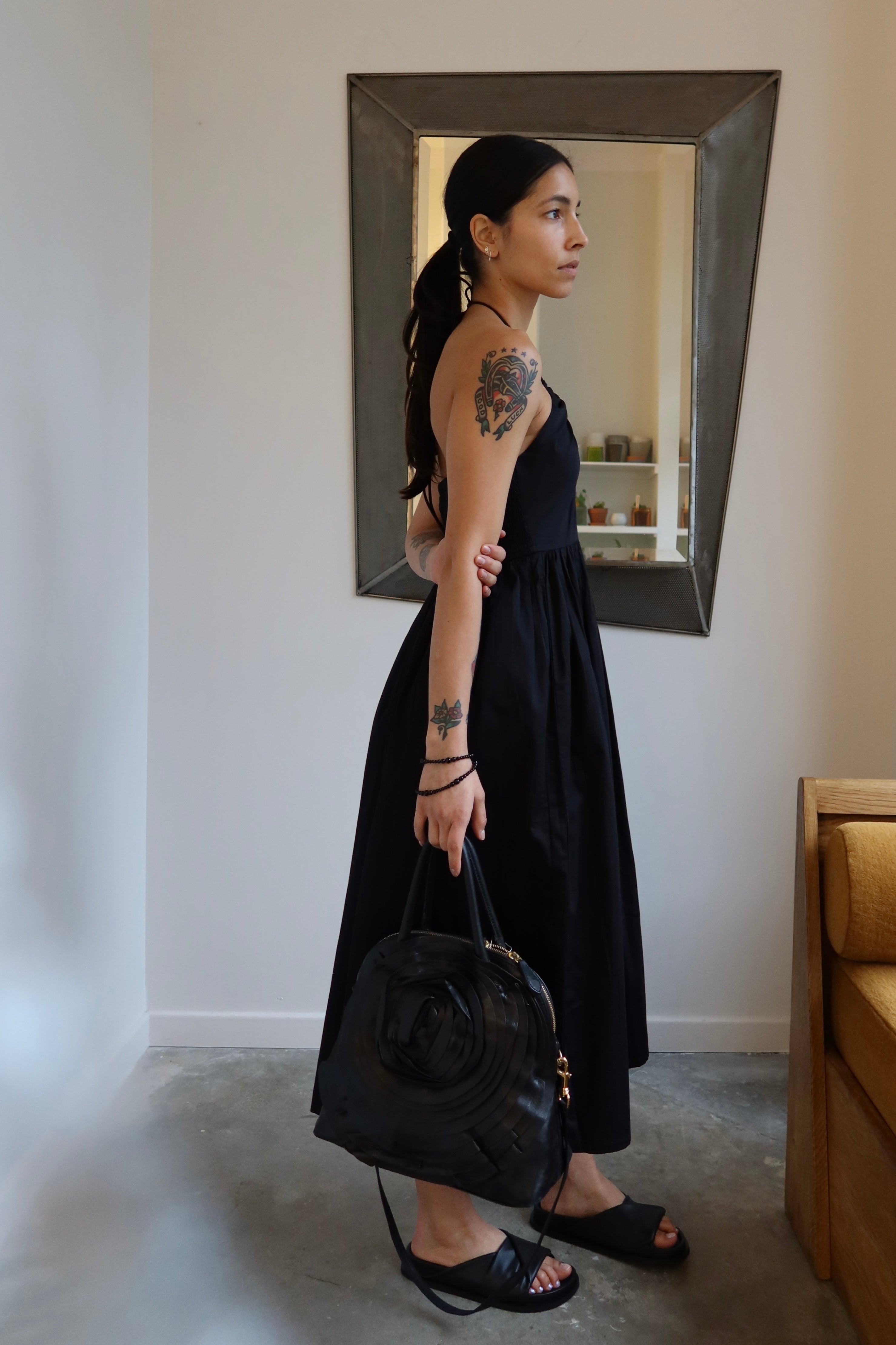 Black Organic Cotton Halter Midi Dress