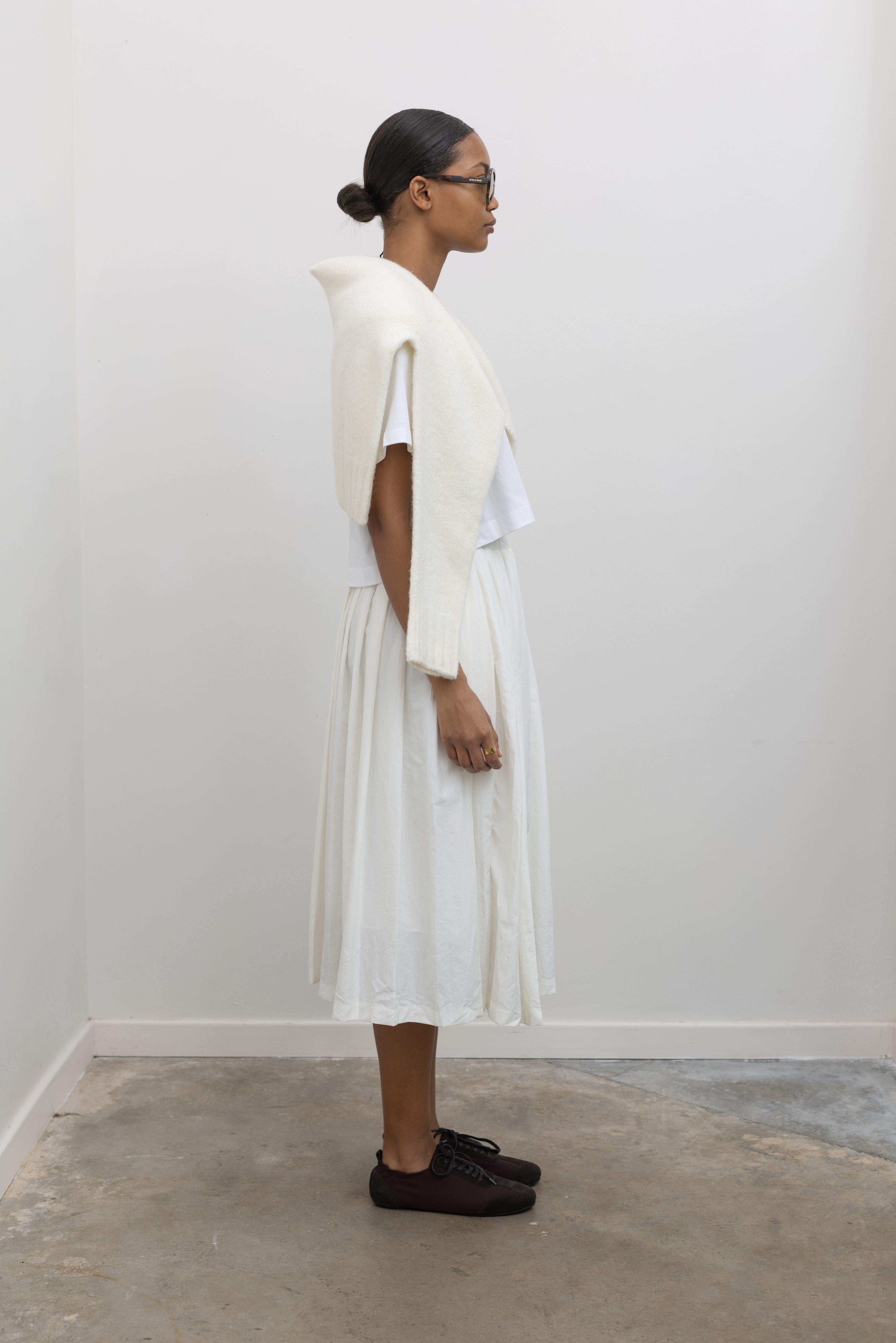 White Nylon Pleated Midi Skirt