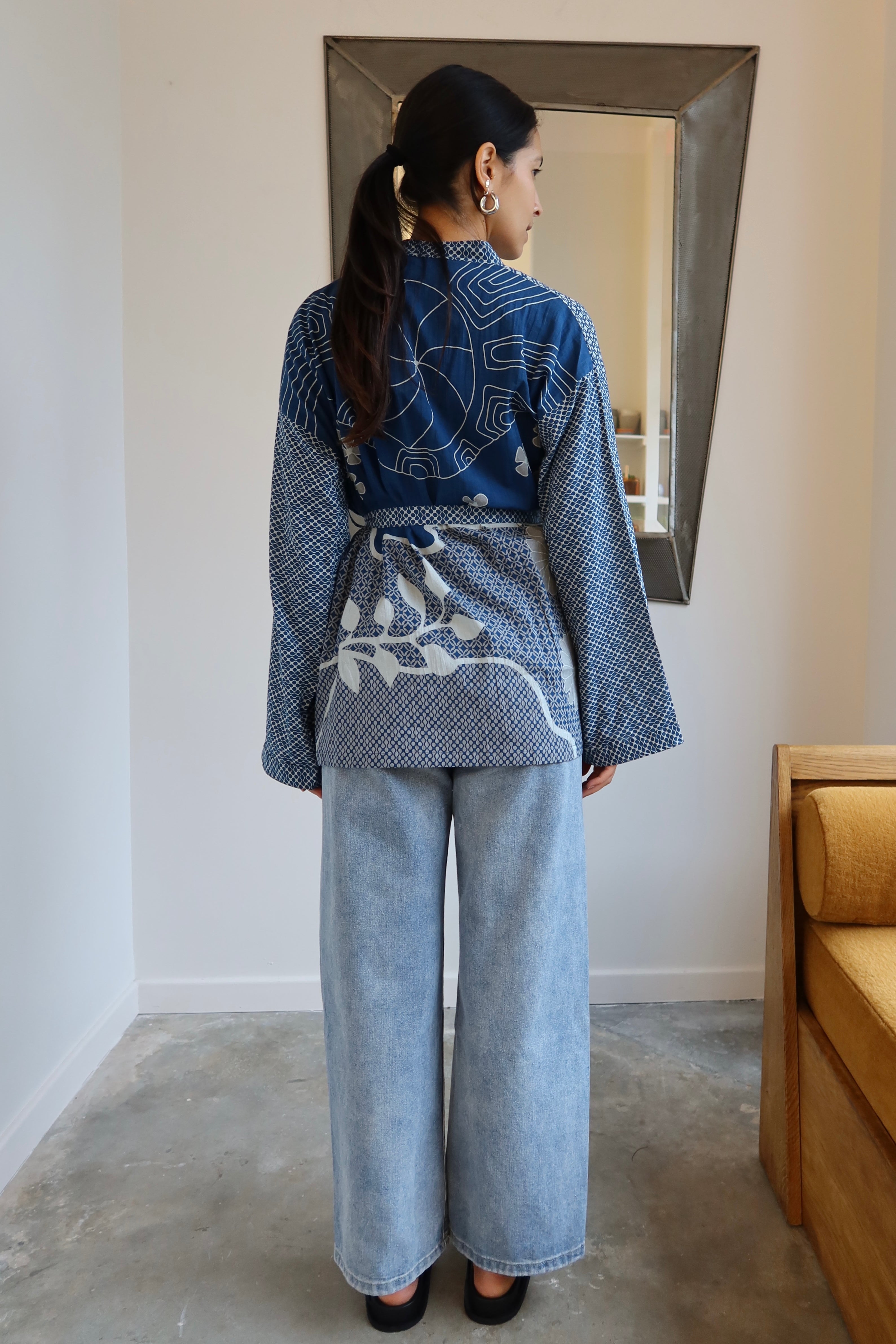 Marine Blue Print Cotton Kimono Wrap Top