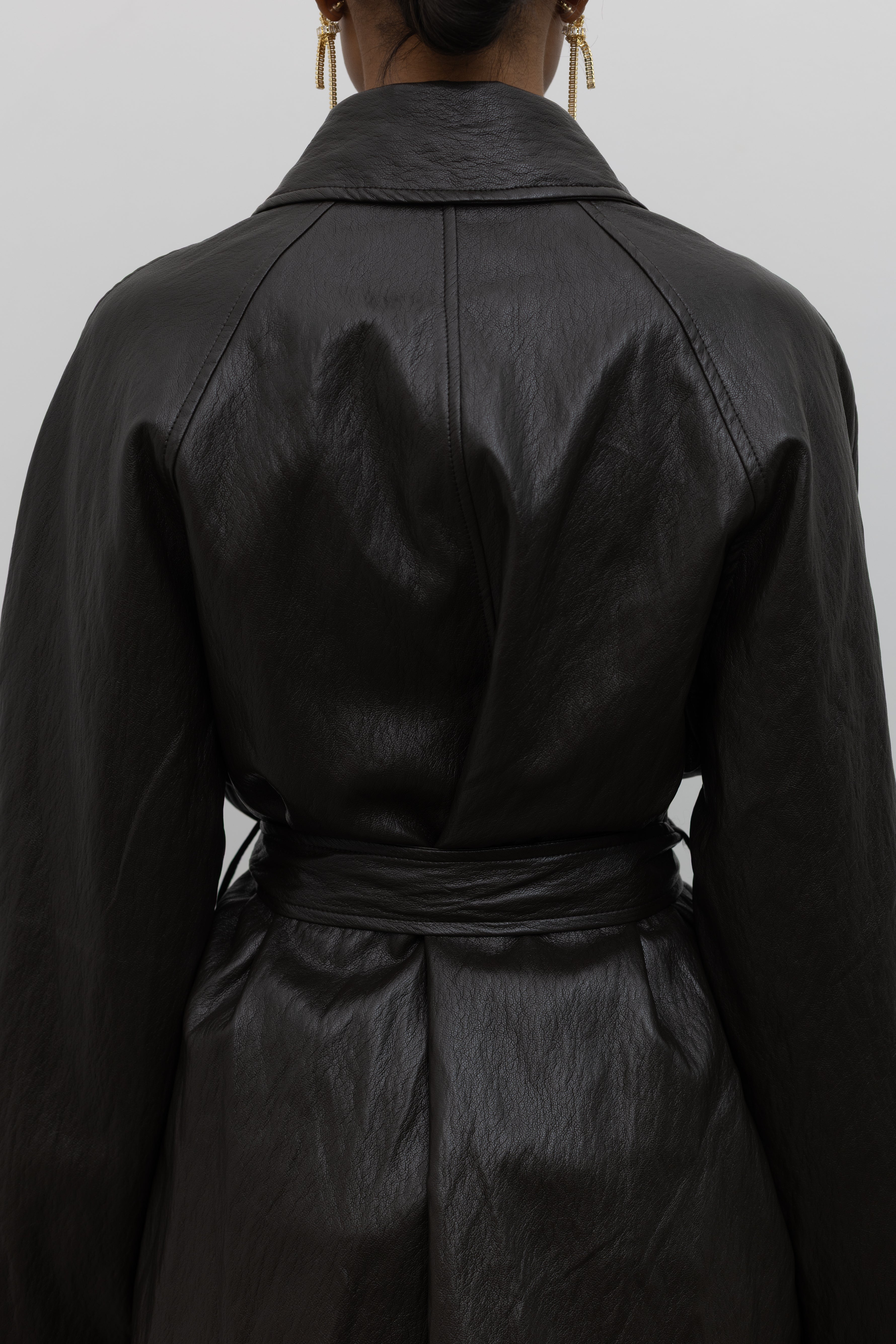 Dark Brown Long Belted Vegan Leather Jacket
