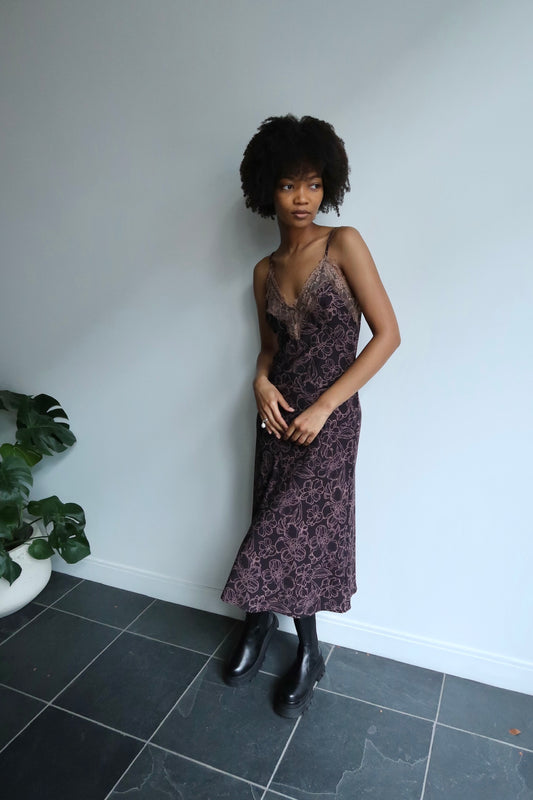 Black And Tan Floral Lace Slip Dress