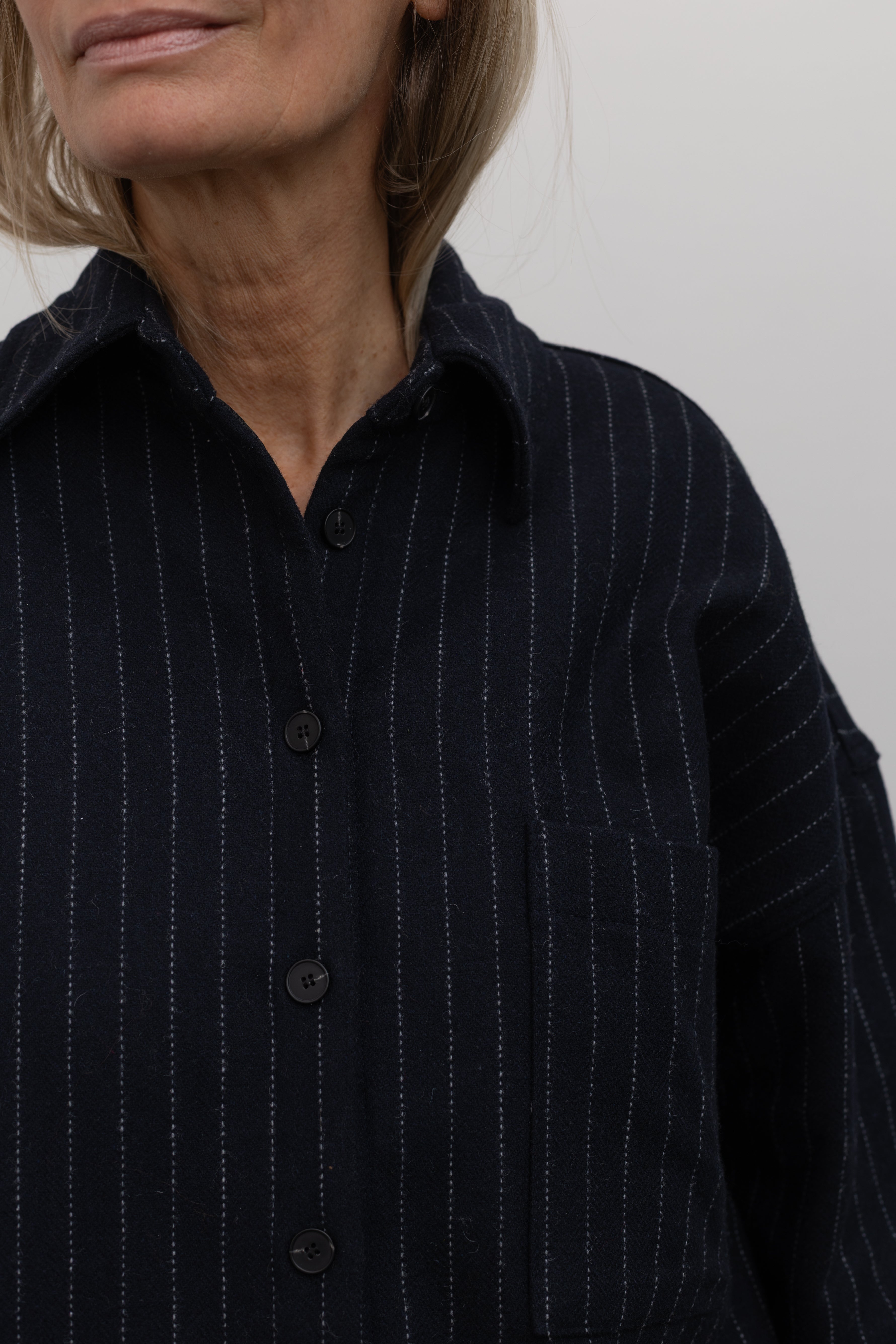 Navy Wool Stripe Quilted Oversized Jacket