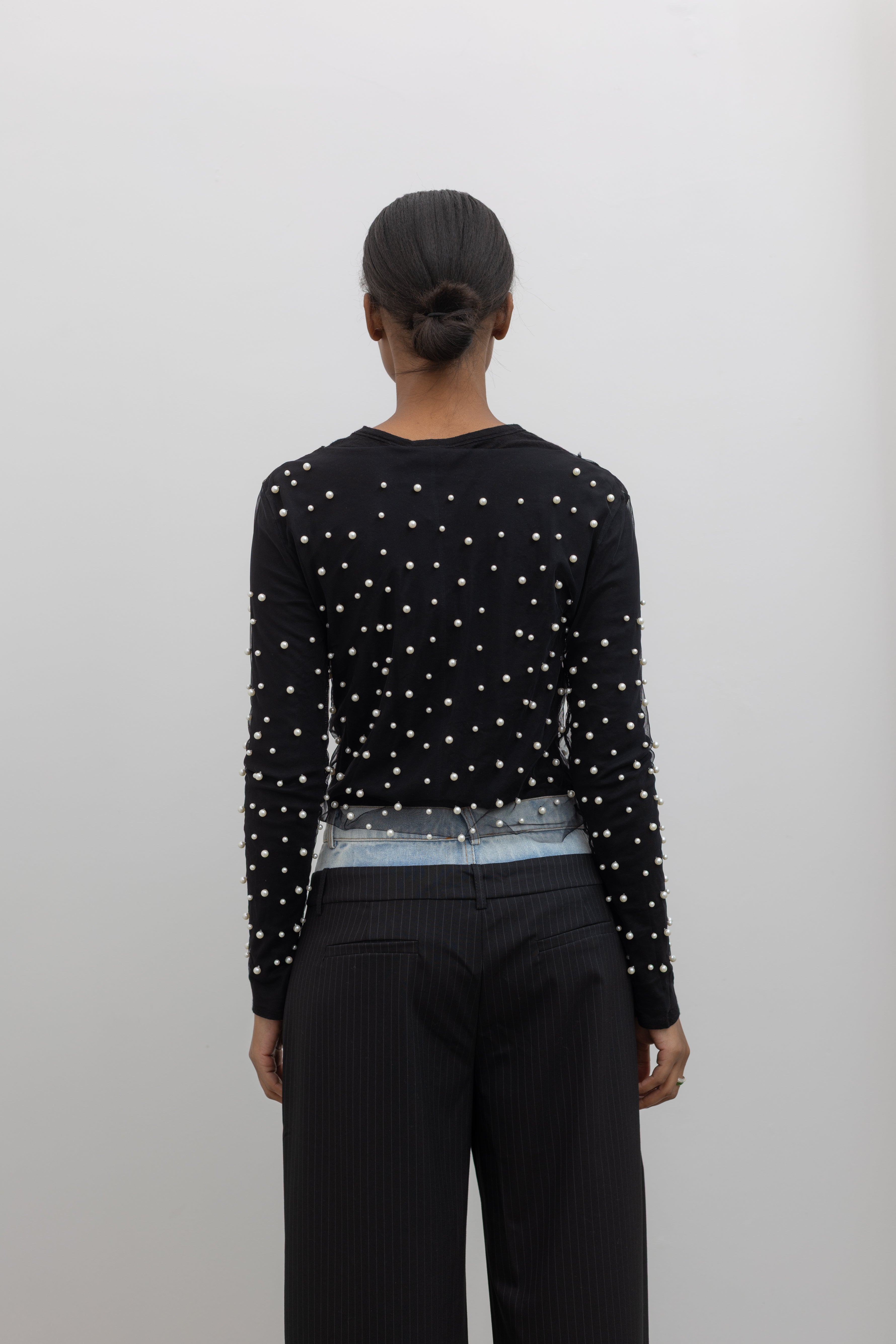 Black Mesh And Pearl Embellished Top