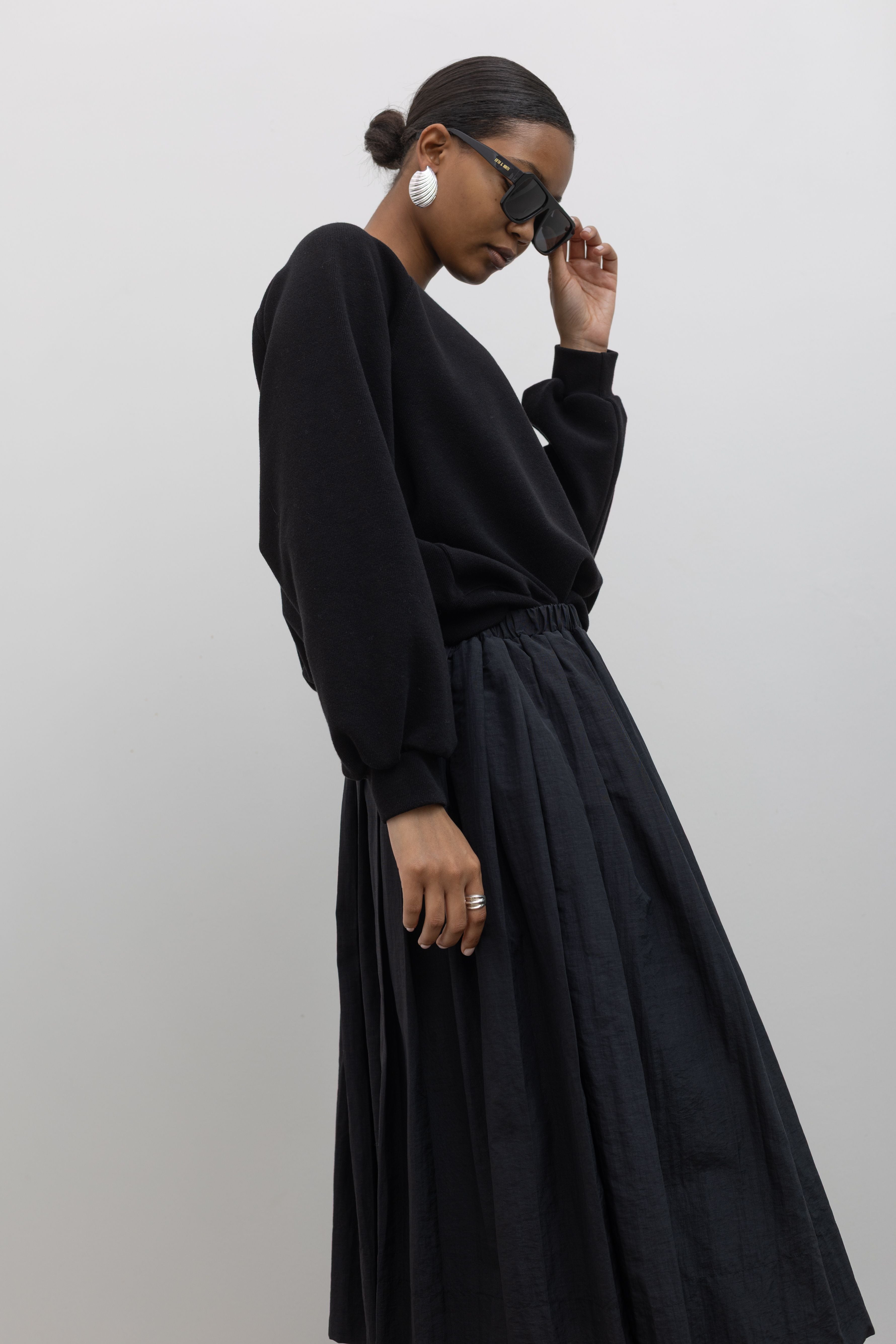 Black Nylon Pleated Midi Skirt