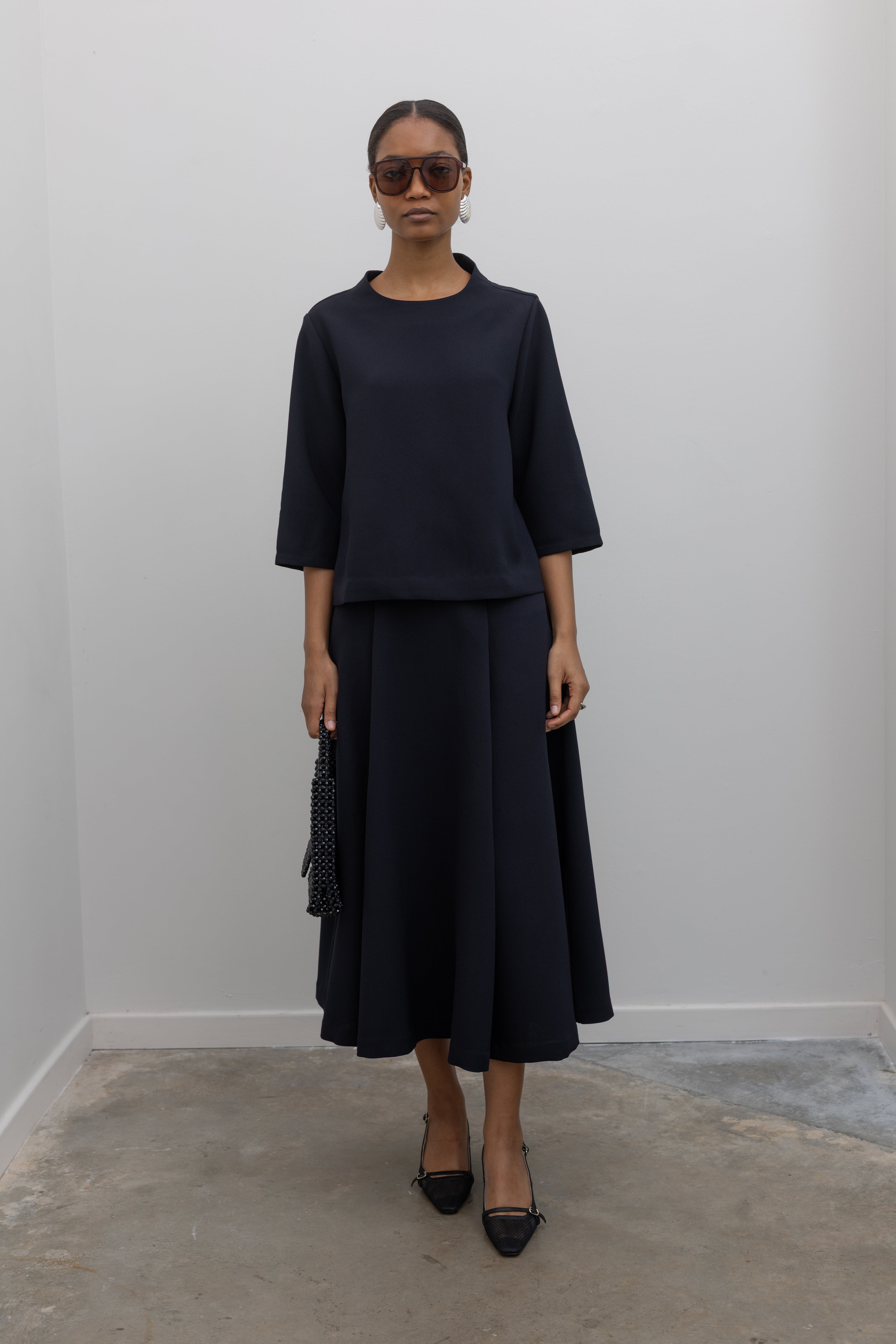 Dark Blue Marya High Collar A-line Top