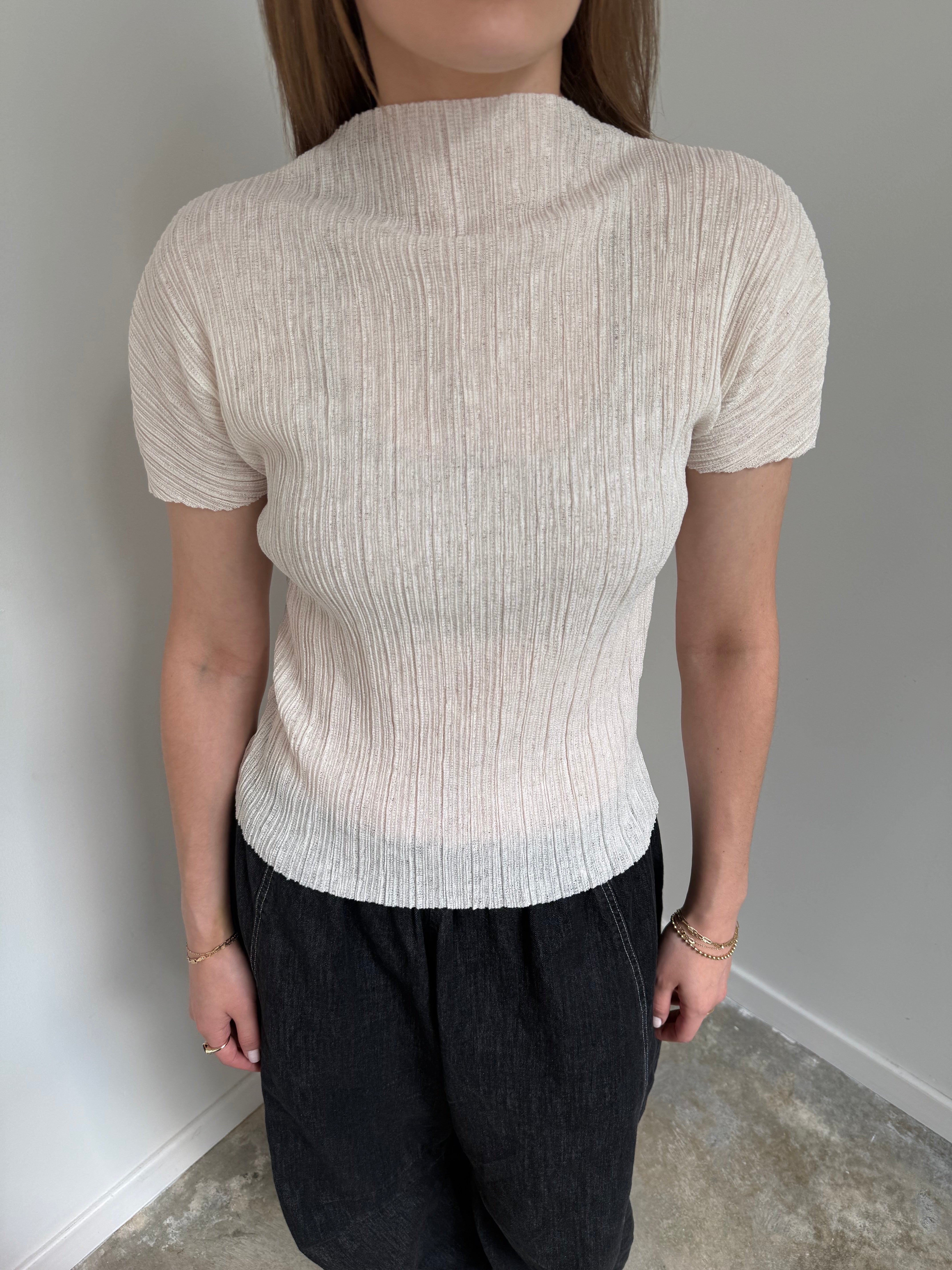 Ivory Mock Neck Pleated Top