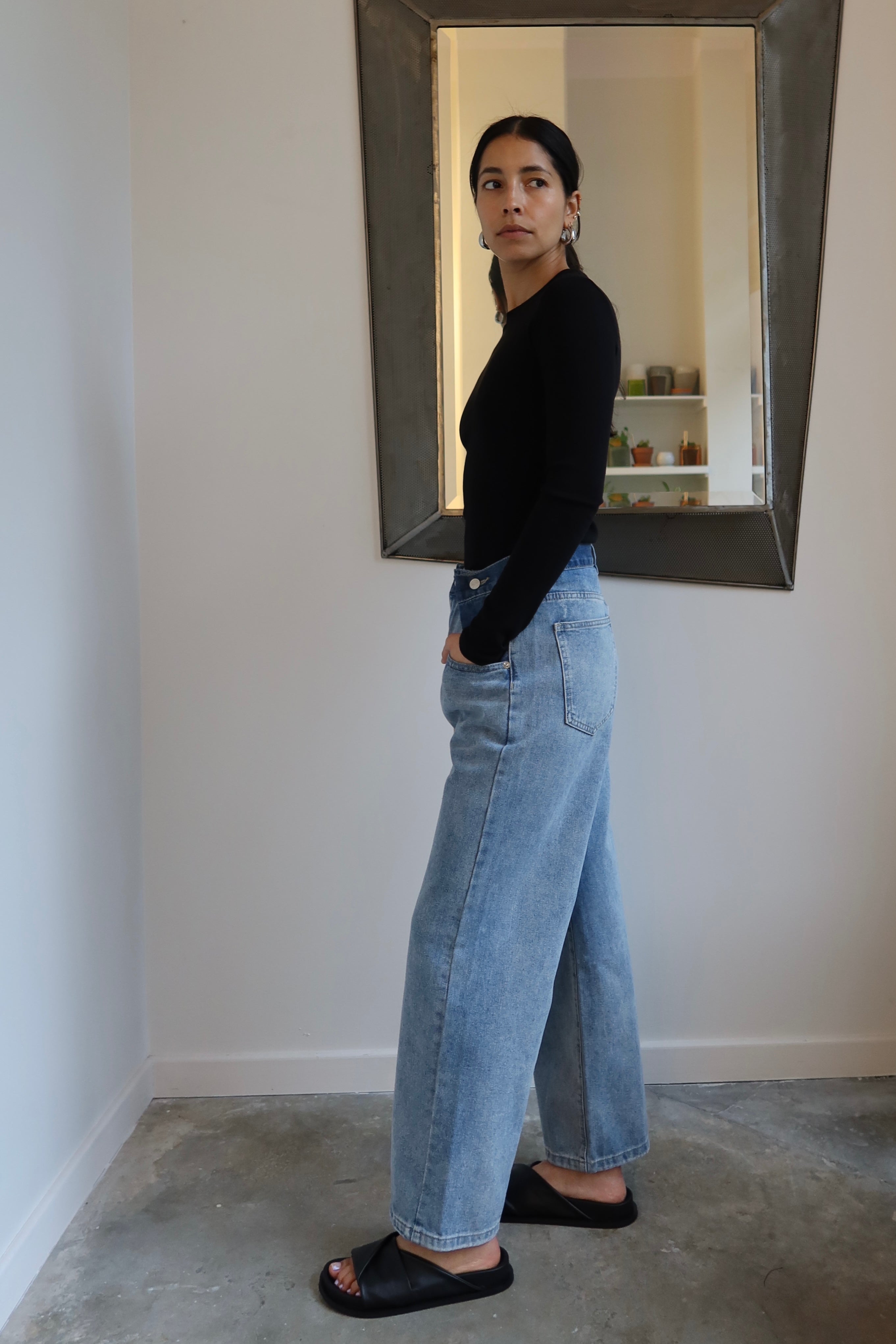 Medium Wash Color Block Button Waist Denim Pants