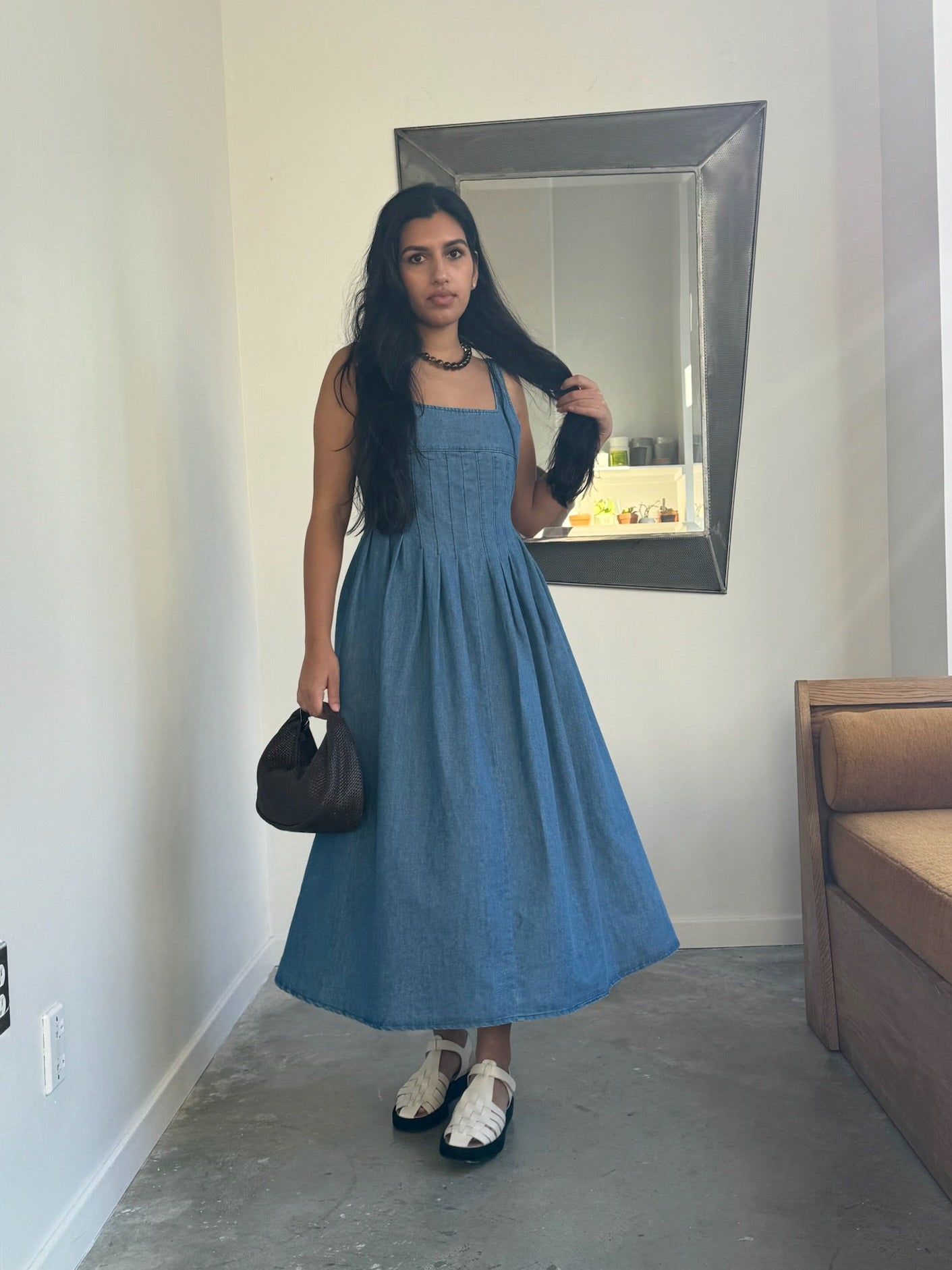 Denim Square Neck Midi Smocked Back Dress