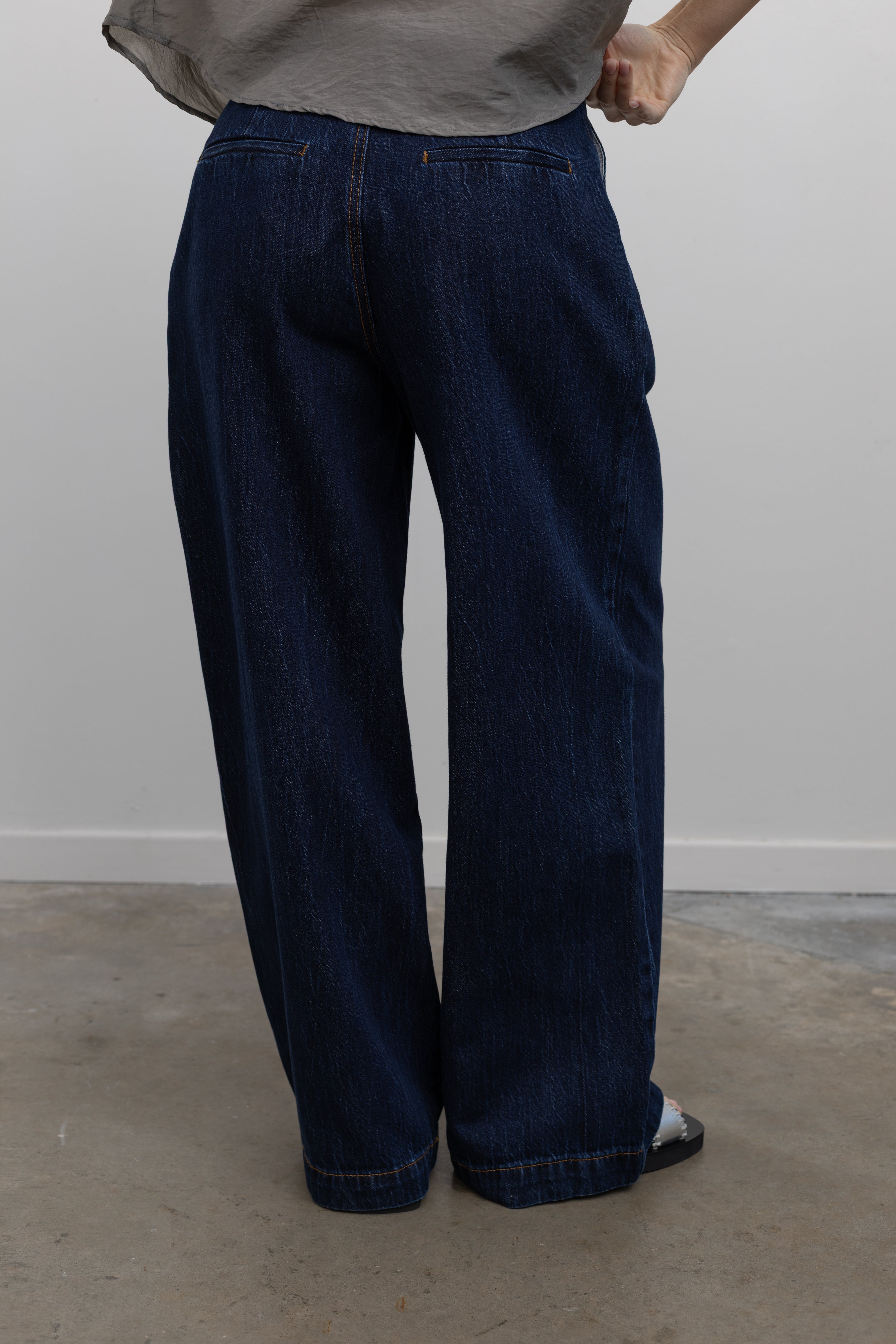 Indigo Denim Wide Leg Pleated Jeans