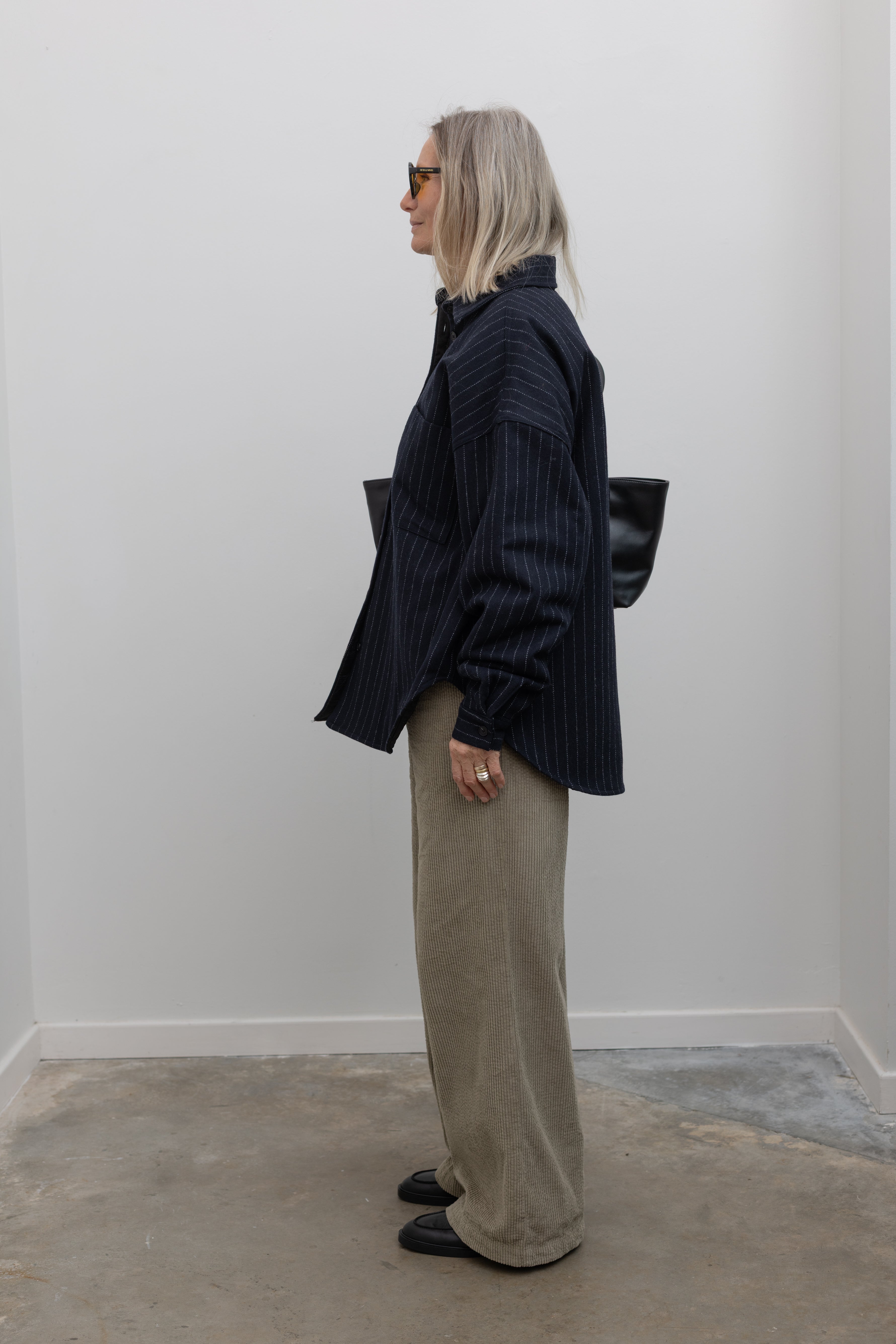 Navy Wool Stripe Quilted Oversized Jacket