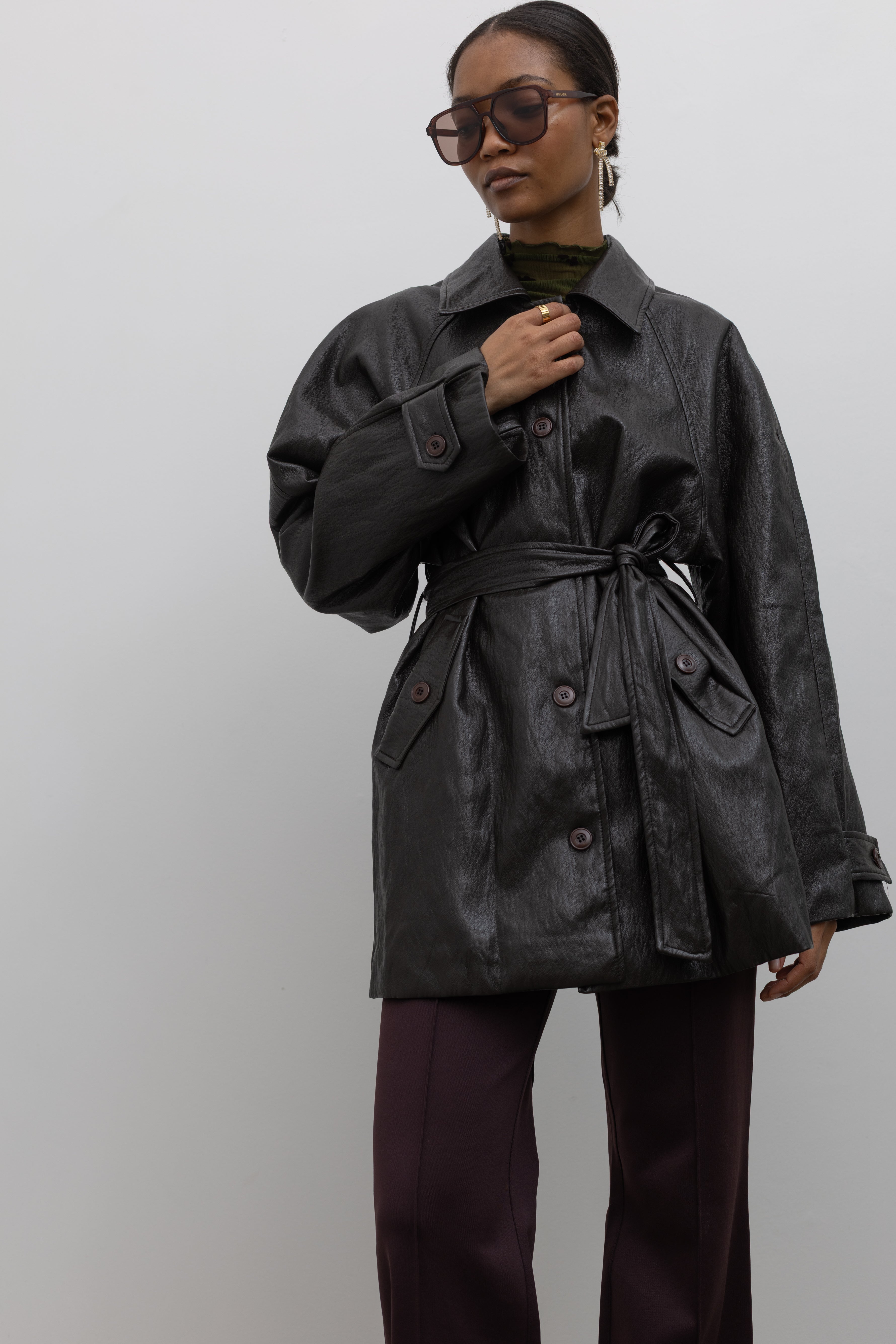 Dark Brown Long Belted Vegan Leather Jacket