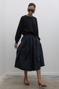 Black Nylon Pleated Midi Skirt