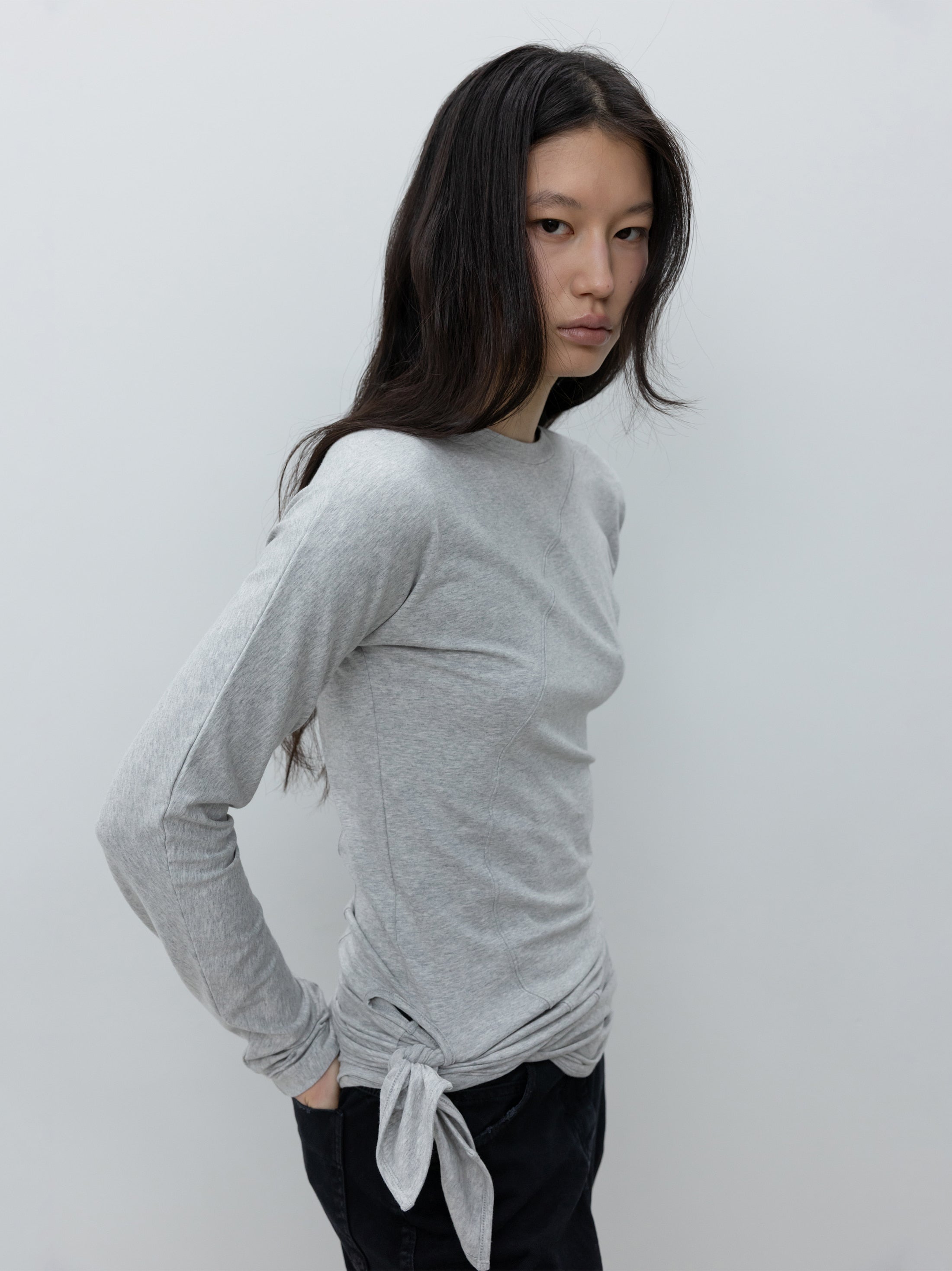 Low Classic Gray Wrap Long-Sleeve T-Shirt, sculptural fitted top with asymmetrical hem for modern fall dressing at Alas Eius