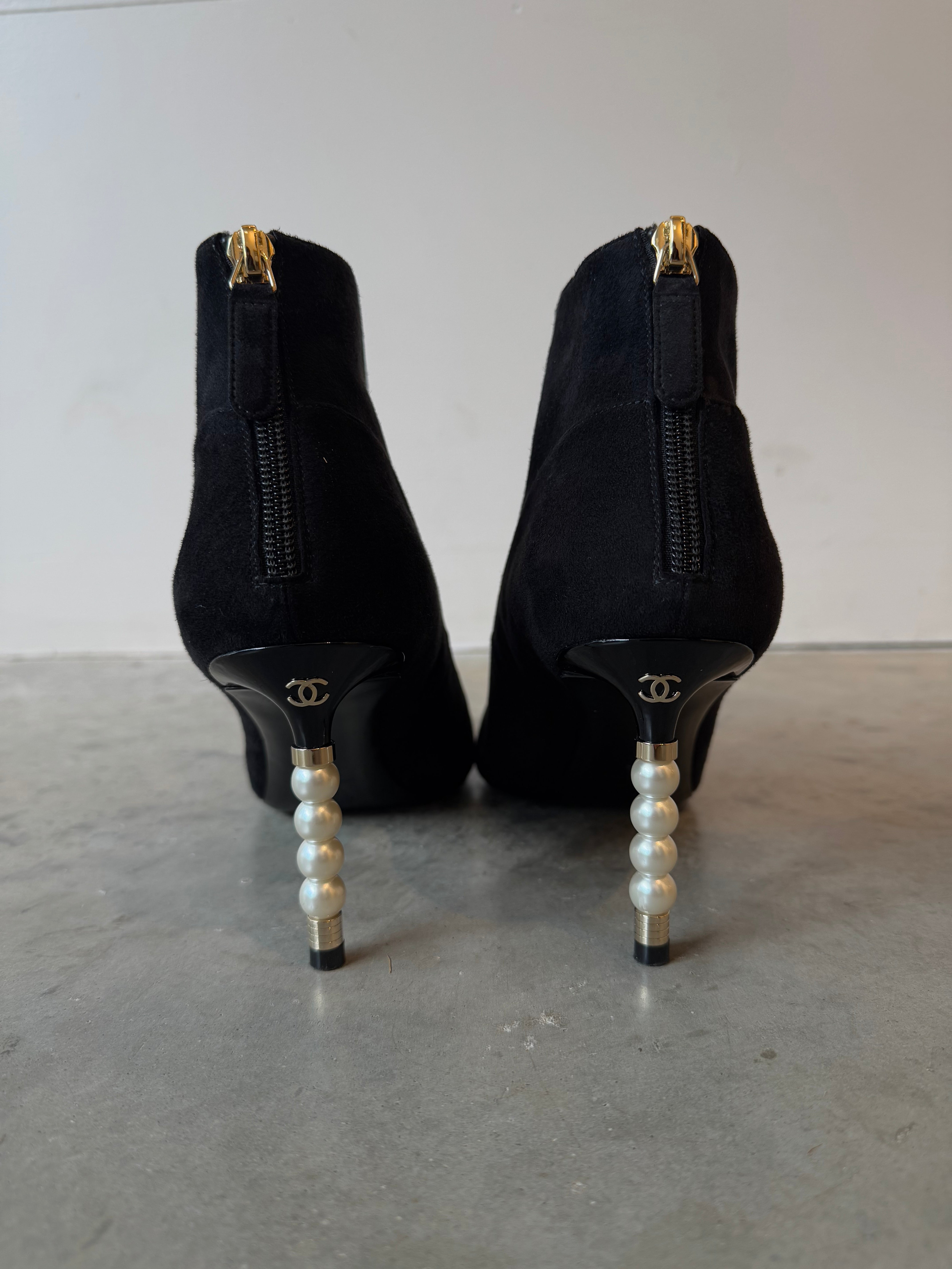 Chanel Pearl Heel Black Suede Ankle Boots